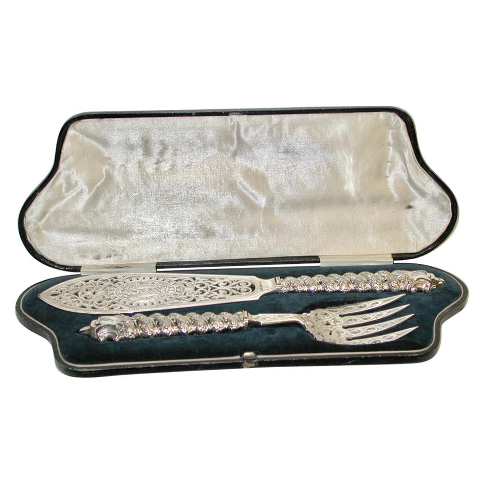 Pair of Victorian Silver Plated Fish Servers in Fitted Box, Dated Circa 1880