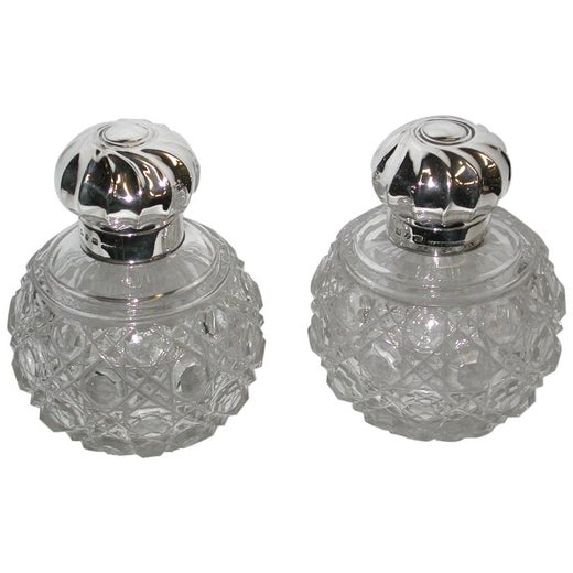 Pair of Victorian Silver Topped Cut Glass Scent Bottles, 1891, J Grinsell & Sons