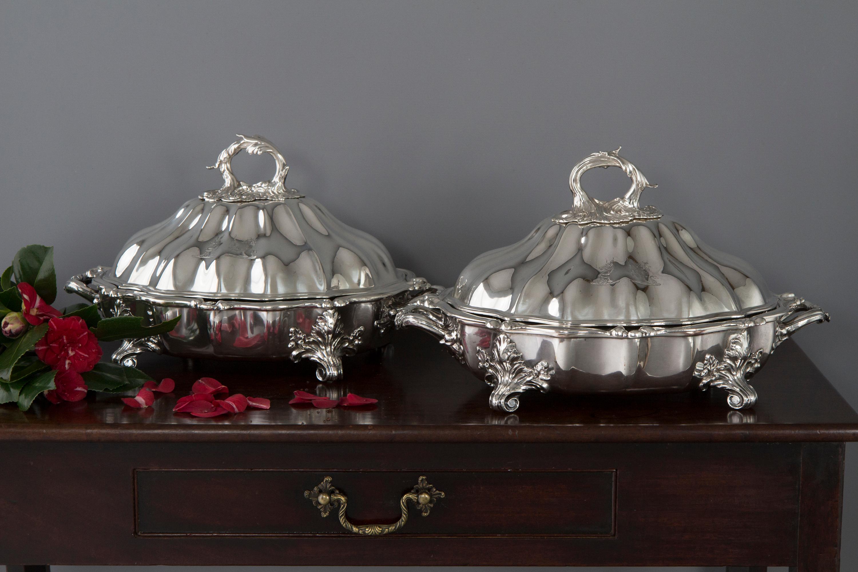Pair of Victorian Silver Vegetable Tureens with Warming Bases, London, 1845 For Sale 13