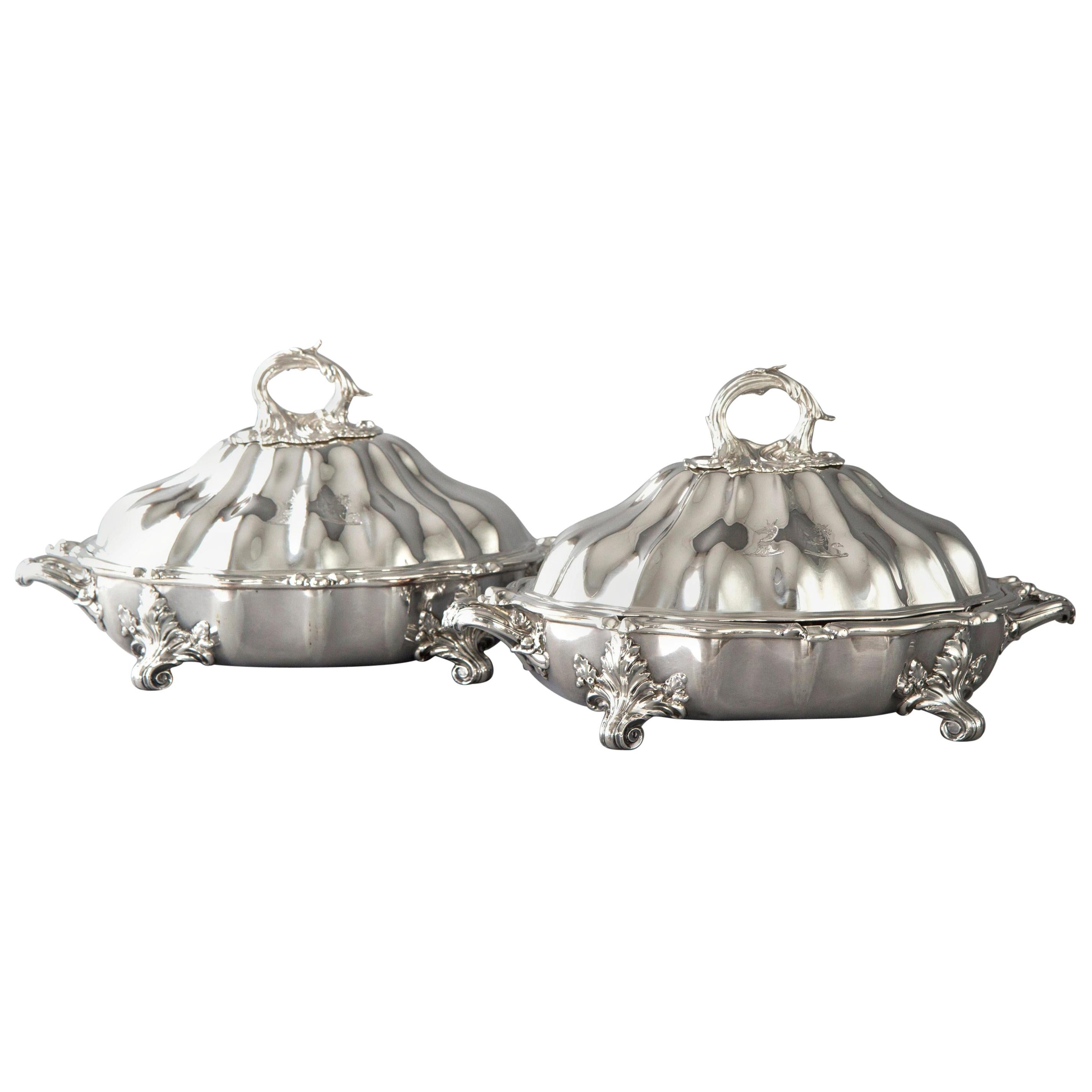 Pair of Victorian Silver Vegetable Tureens with Warming Bases, London, 1845