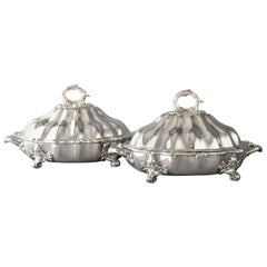 Antique Pair of Victorian Silver Vegetable Tureens with Warming Bases, London, 1845
