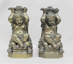 Pair of Victorian Solid Cast Bronze Figural Cherub Oil Lamp Bases Holding Snakes