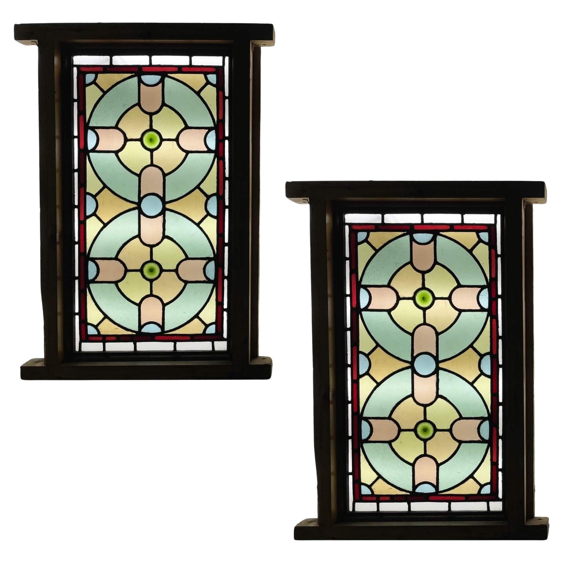 Pair of Victorian Stained Glass Window Panels
