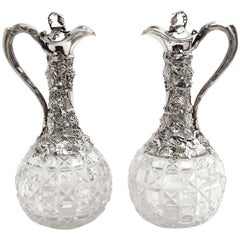 Pair of Victorian Sterling Silver and Cut Glass Claret Jugs / Wine Ewer Decanter