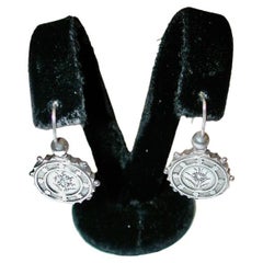 Pair of Victorian Sterling Silver Earrings with Flower Engraving, Circa 1880