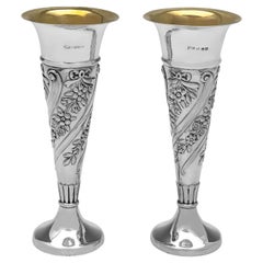 Antique Pair of Victorian sterling silver vases by Walker & Hall made in 1899
