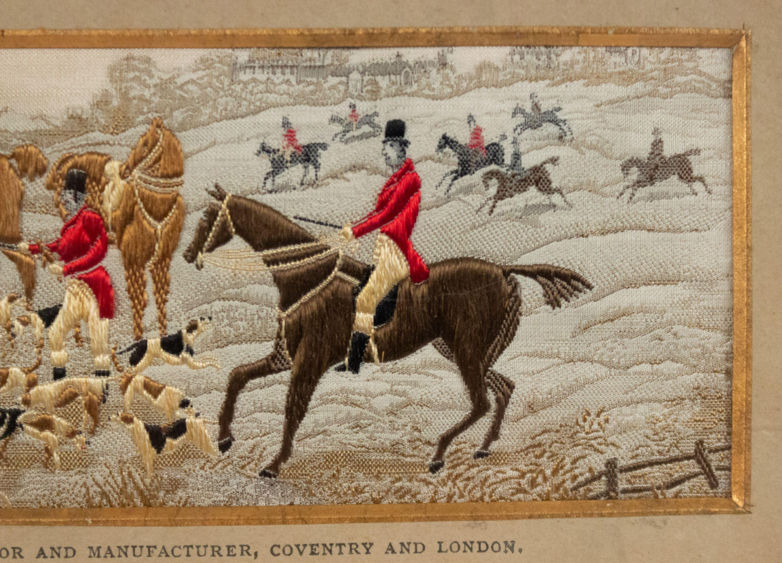 Pair of Victorian Stevengraph Silk Embroidered Equestrian Hunting Scenes For Sale 4
