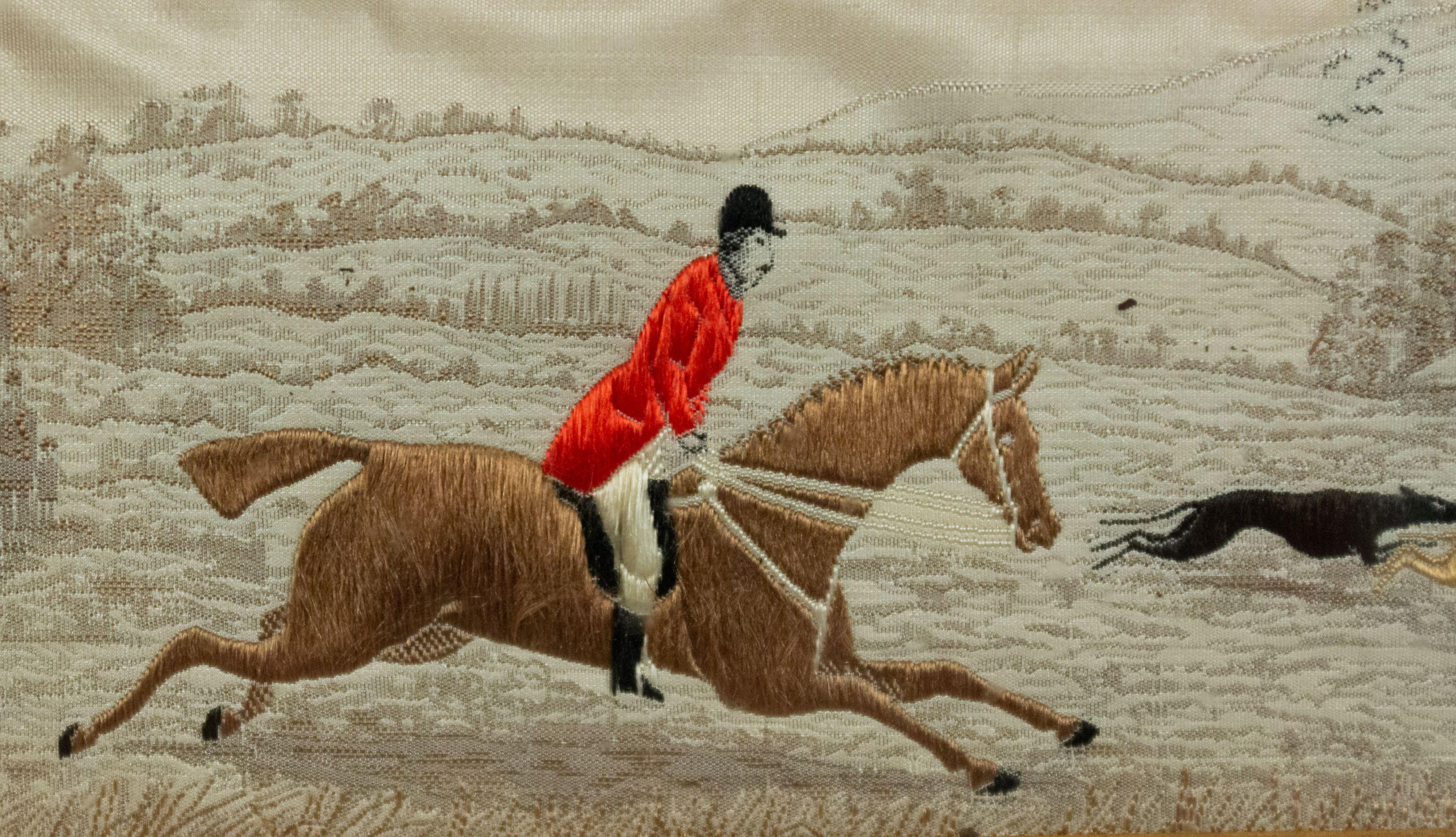 British Pair of Victorian Stevengraph Silk Embroidered Equestrian Hunting Scenes For Sale