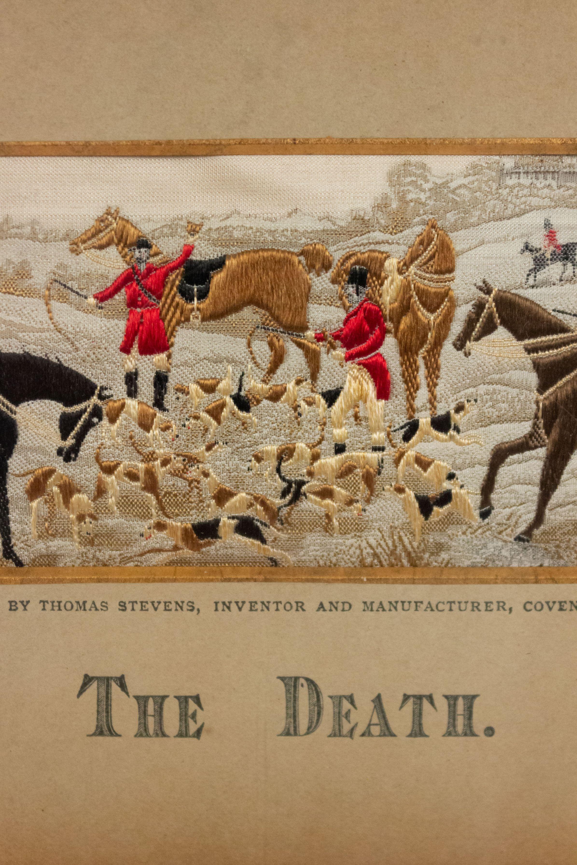 Pareja de escenas ecuestres de caza victorianas bordadas en seda Stevengraph en venta 1