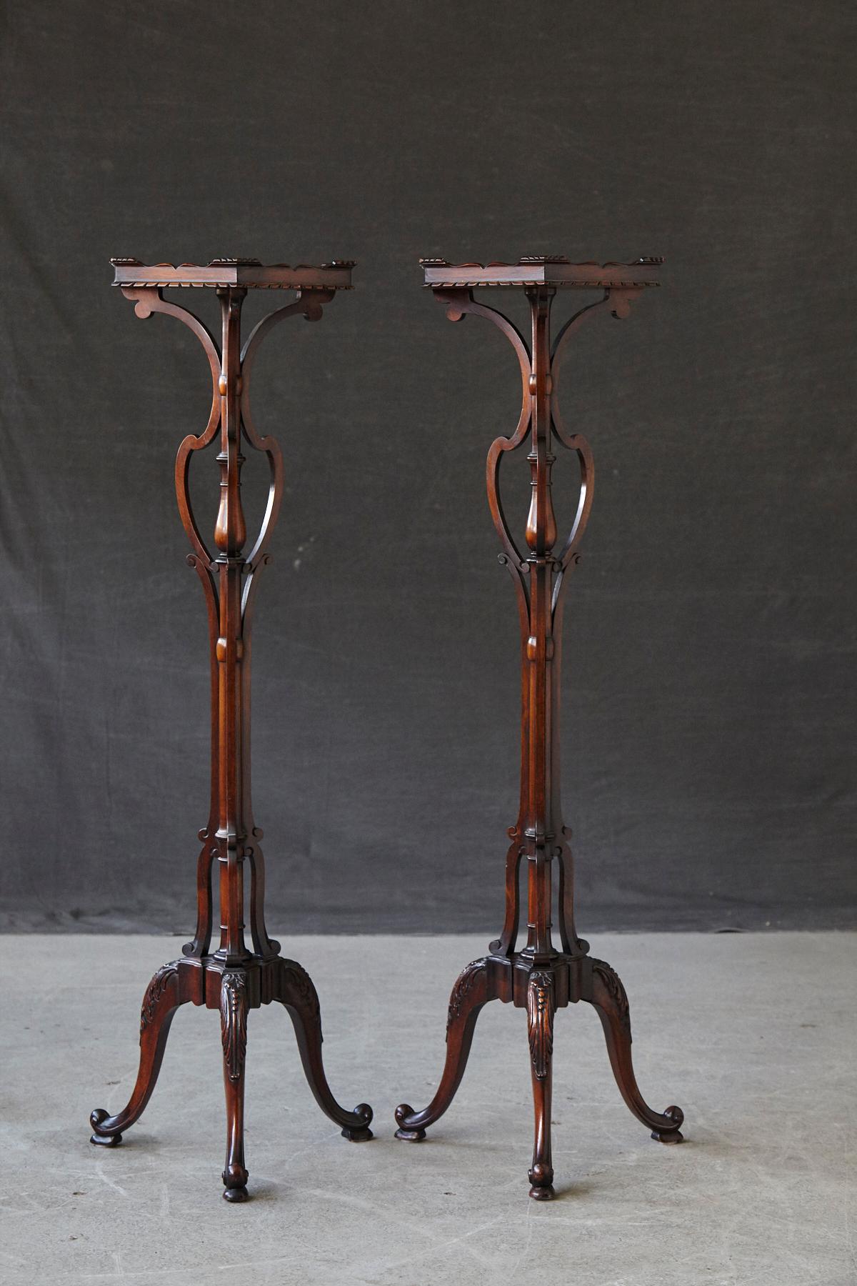 Lovely pair of tall Victorian style, early 20th century mahogany three legged plant pedestals or stands, with elaborated carvings and hexagonal tops.
The stands are in a solid condition, with three minor repairs, one in the carving on the stem and