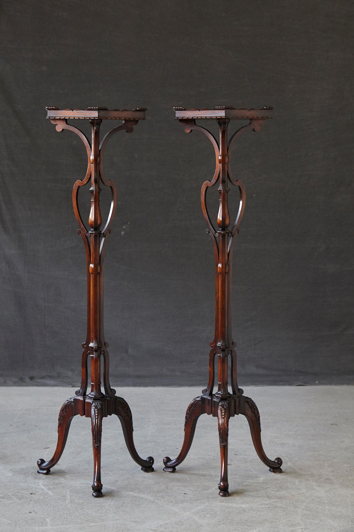 English Pair of Victorian Style Carved Mahogany Plant Pedestals or Stands