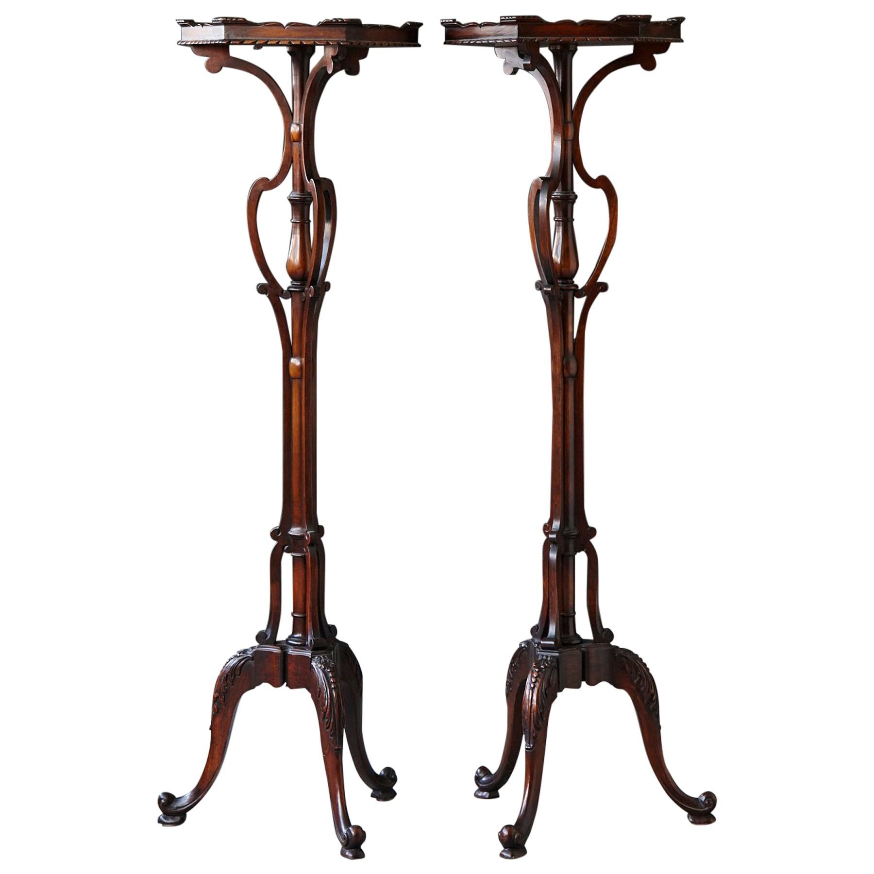 Pair of Victorian Style Carved Mahogany Plant Pedestals or Stands