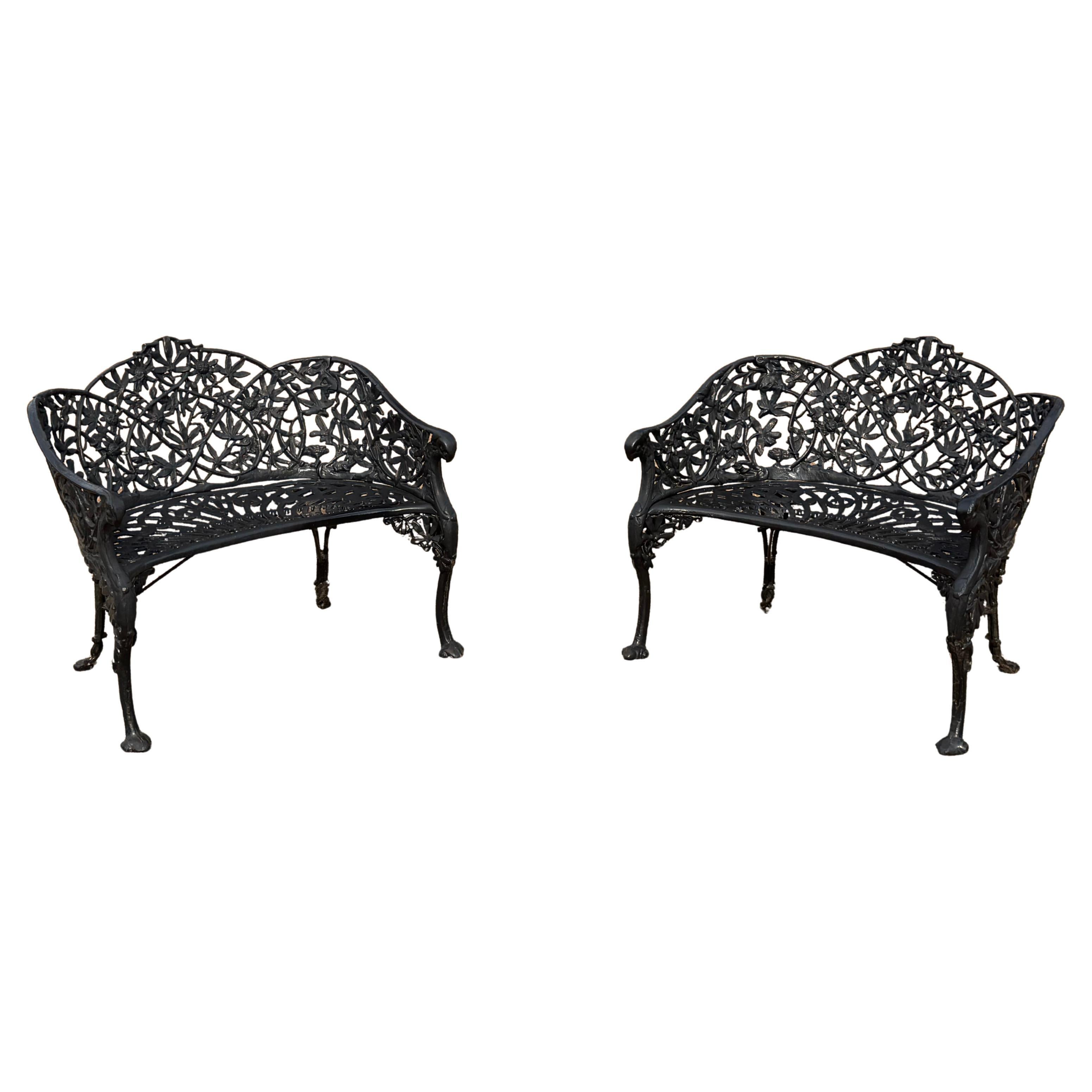 Pair of Victorian Style Cast Iron "Passion Flower" Pattern Garden Patio Settees For Sale