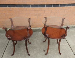 Pair of Victorian Style Two Tier Carved Acanthus Mahogany and Glass Top Tables