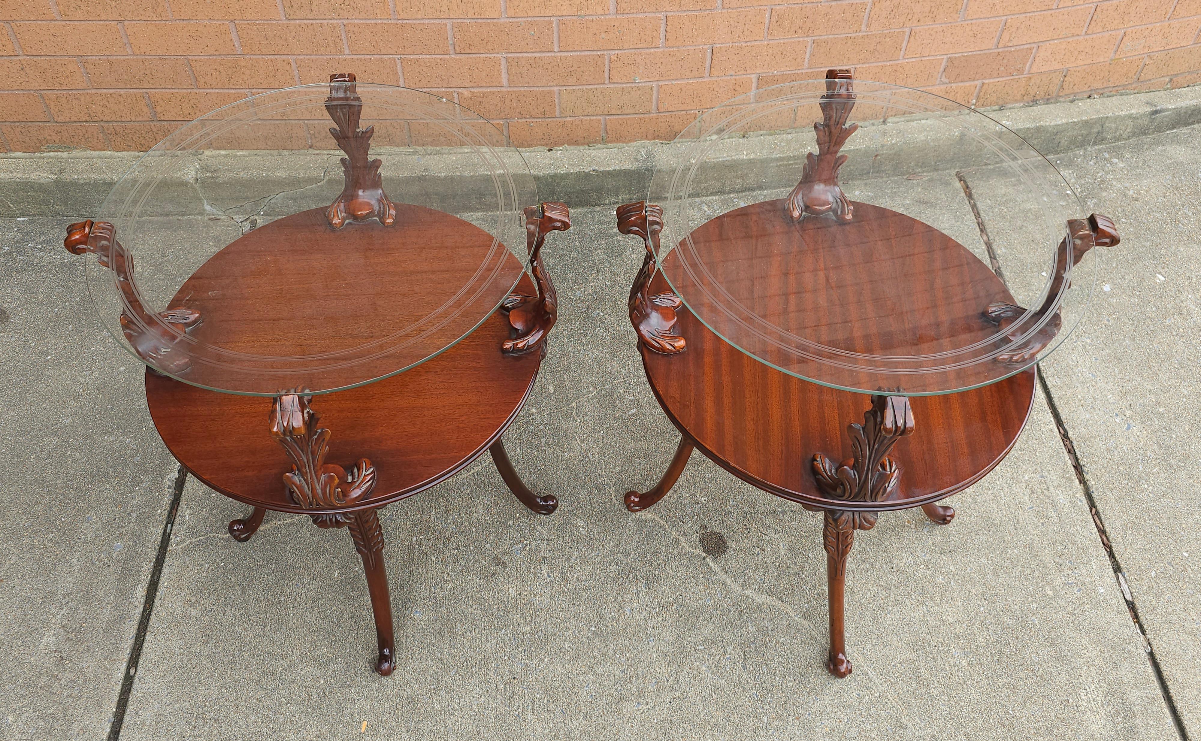 American Pair of Victorian Style Two Tier Carved Acanthus Mahogany and Glass Top Tables For Sale