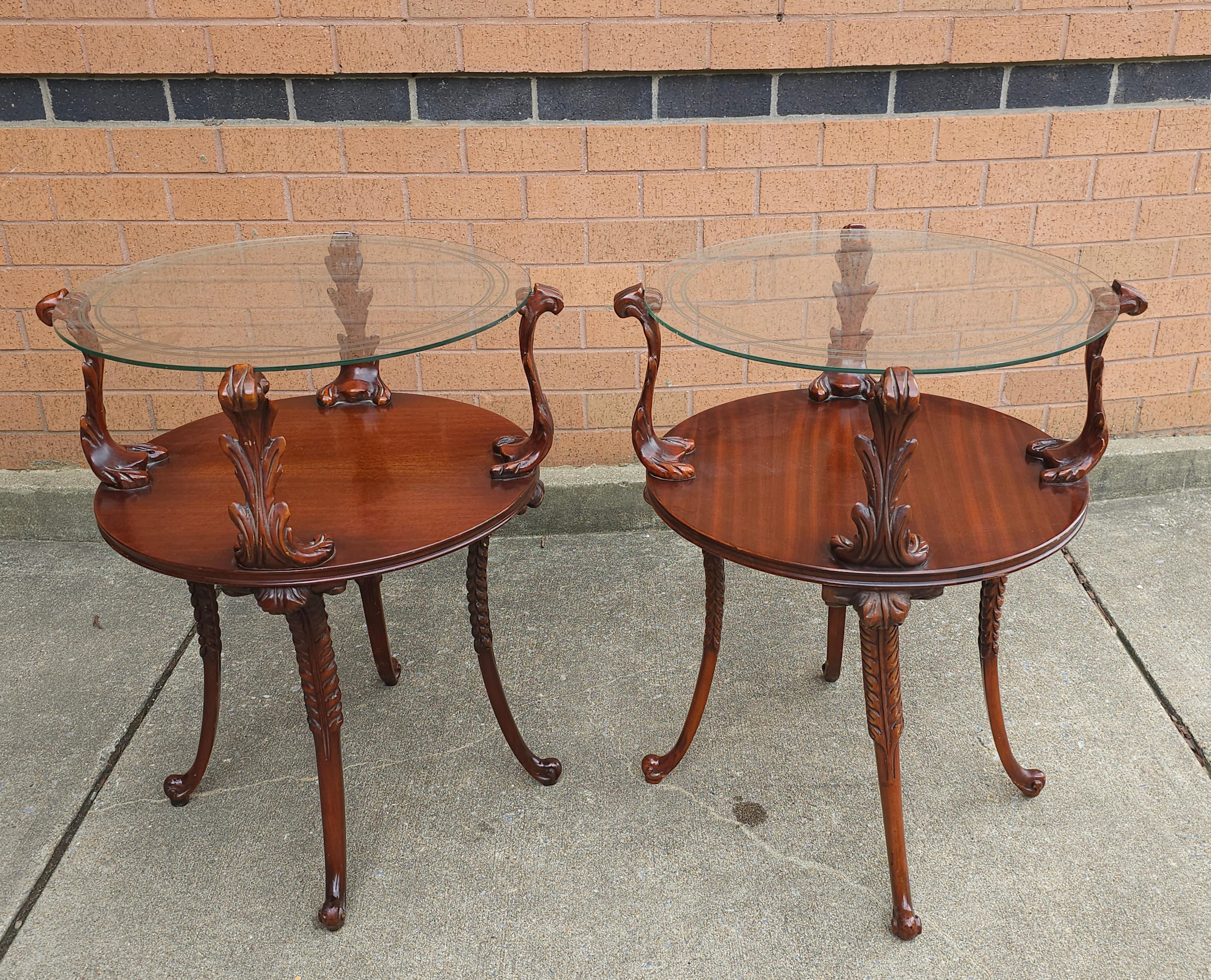 Pair of Victorian Style Two Tier Carved Acanthus Mahogany and Glass Top Tables In Good Condition For Sale In Germantown, MD