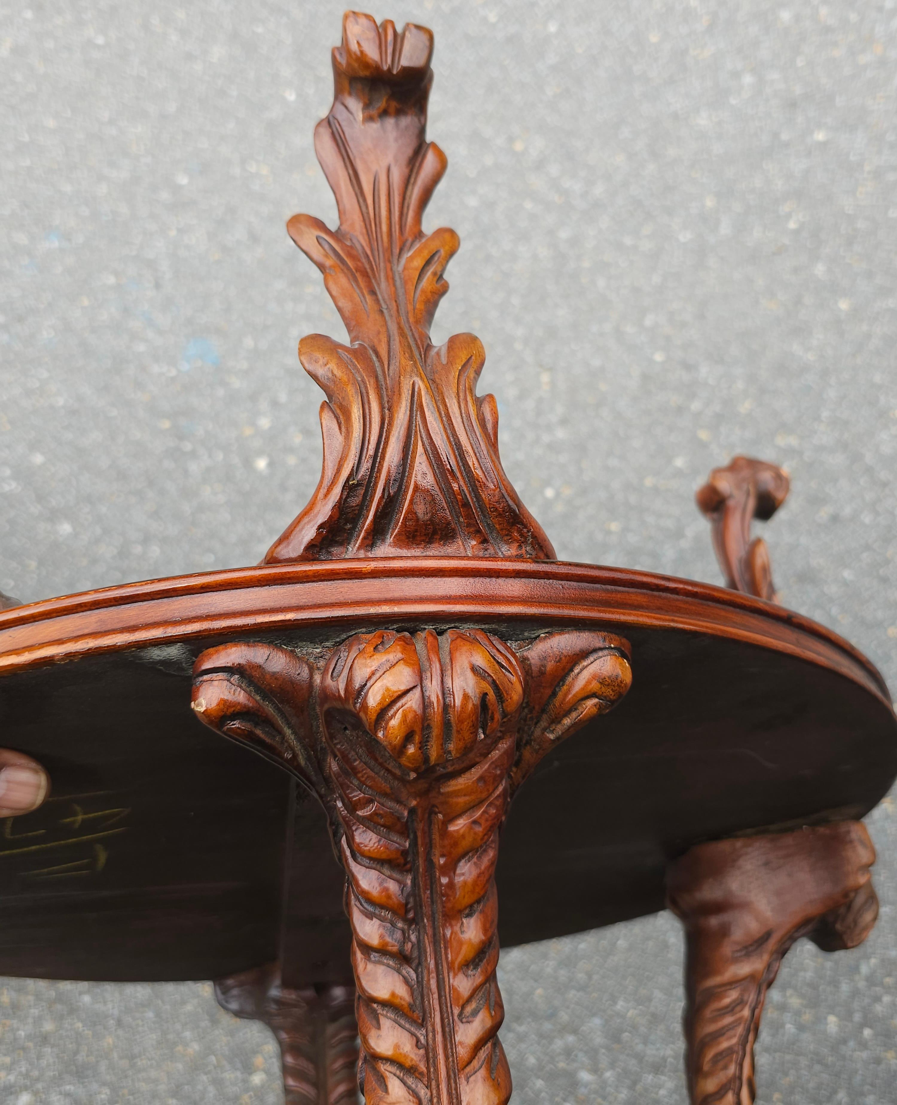 Pair of Victorian Style Two Tier Carved Acanthus Mahogany and Glass Top Tables For Sale 3