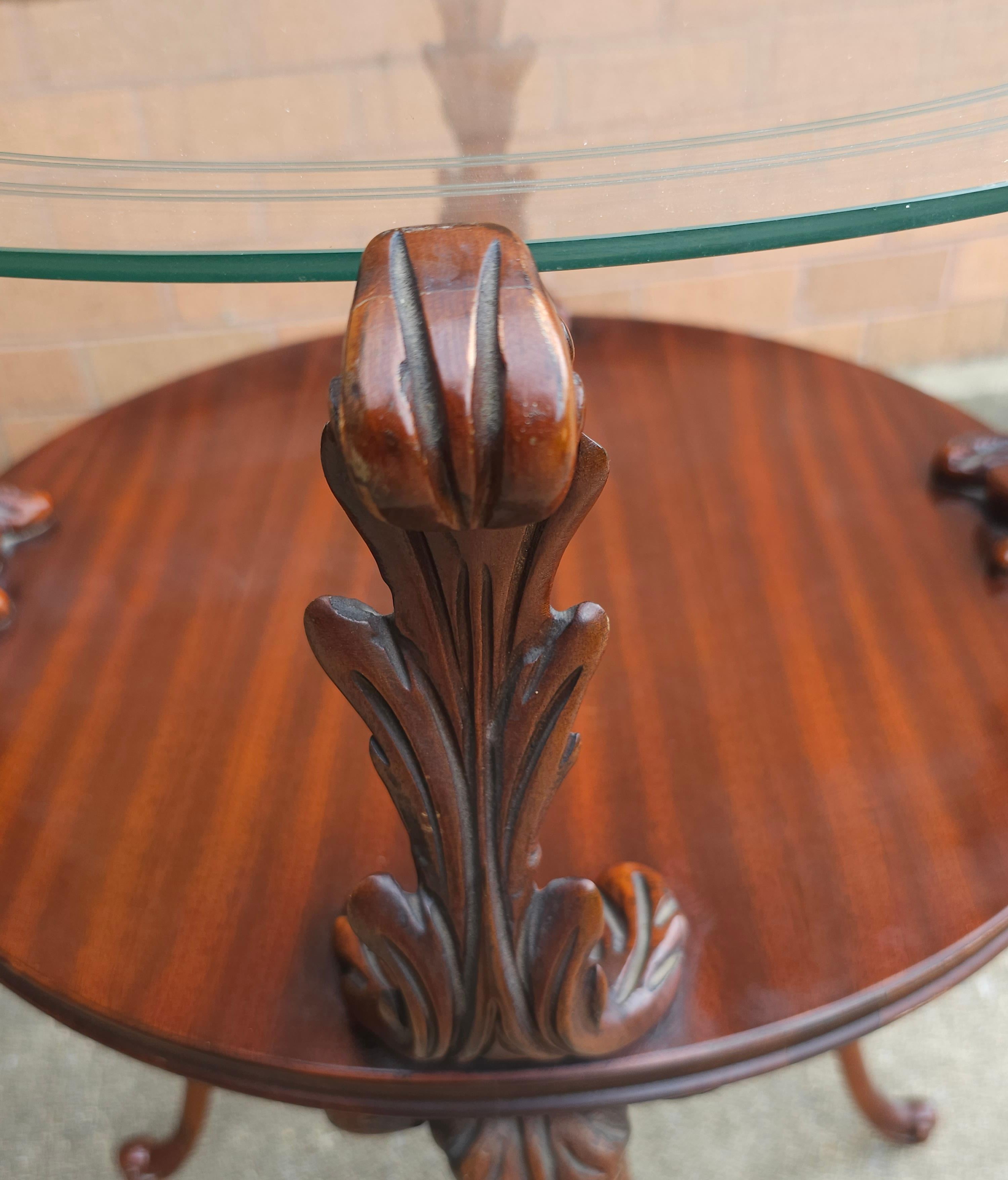 Pair of Victorian Style Two Tier Carved Acanthus Mahogany and Glass Top Tables For Sale 4