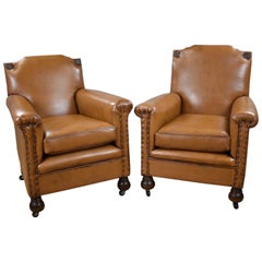 Antique Pair of Victorian Tan Leather Ladies and Gents Armchairs