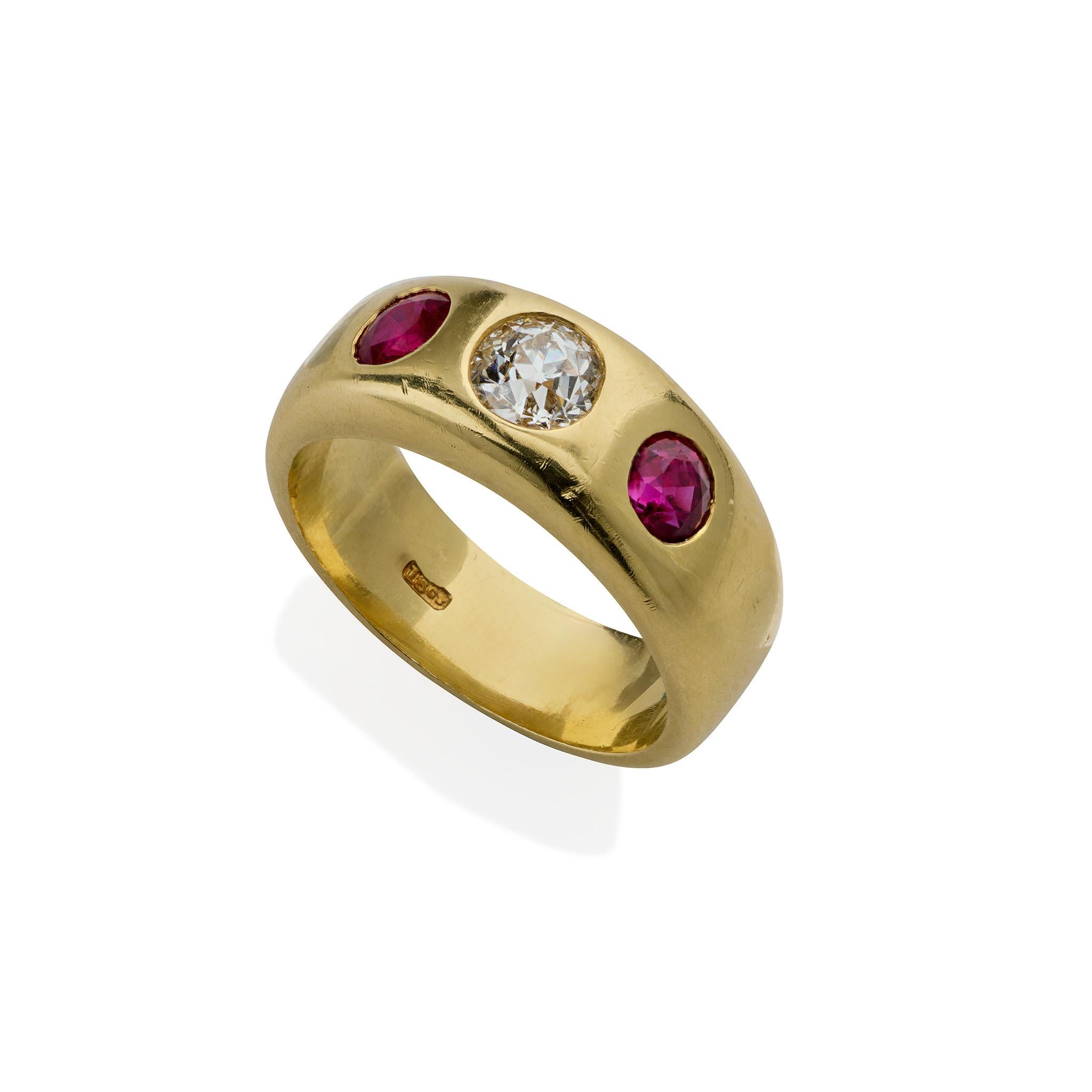 Old Mine Cut Pair of Victorian Three Stone Diamond, Ruby and Sapphire Rings For Sale