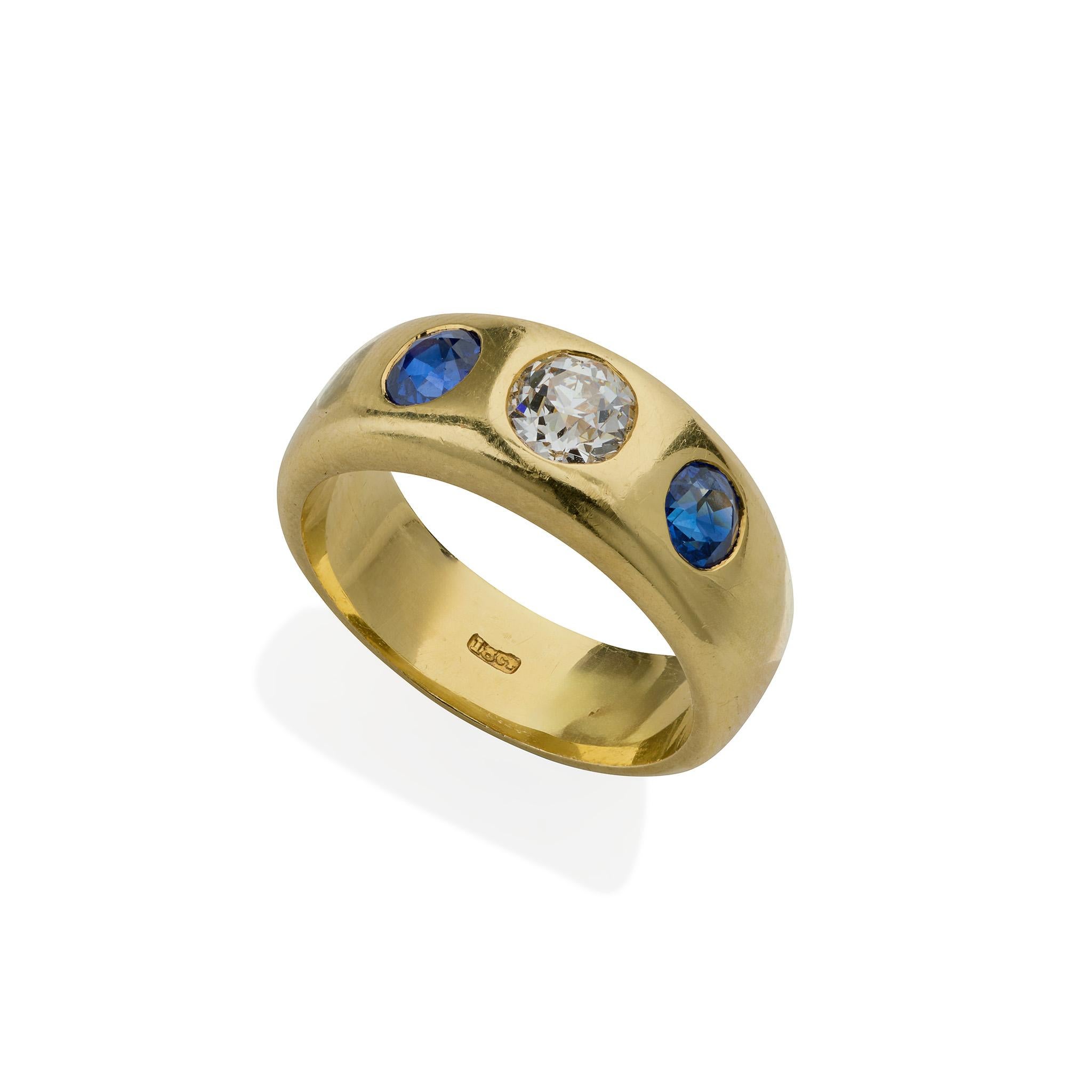 Pair of Victorian Three Stone Diamond, Ruby and Sapphire Rings In Excellent Condition For Sale In New York, NY