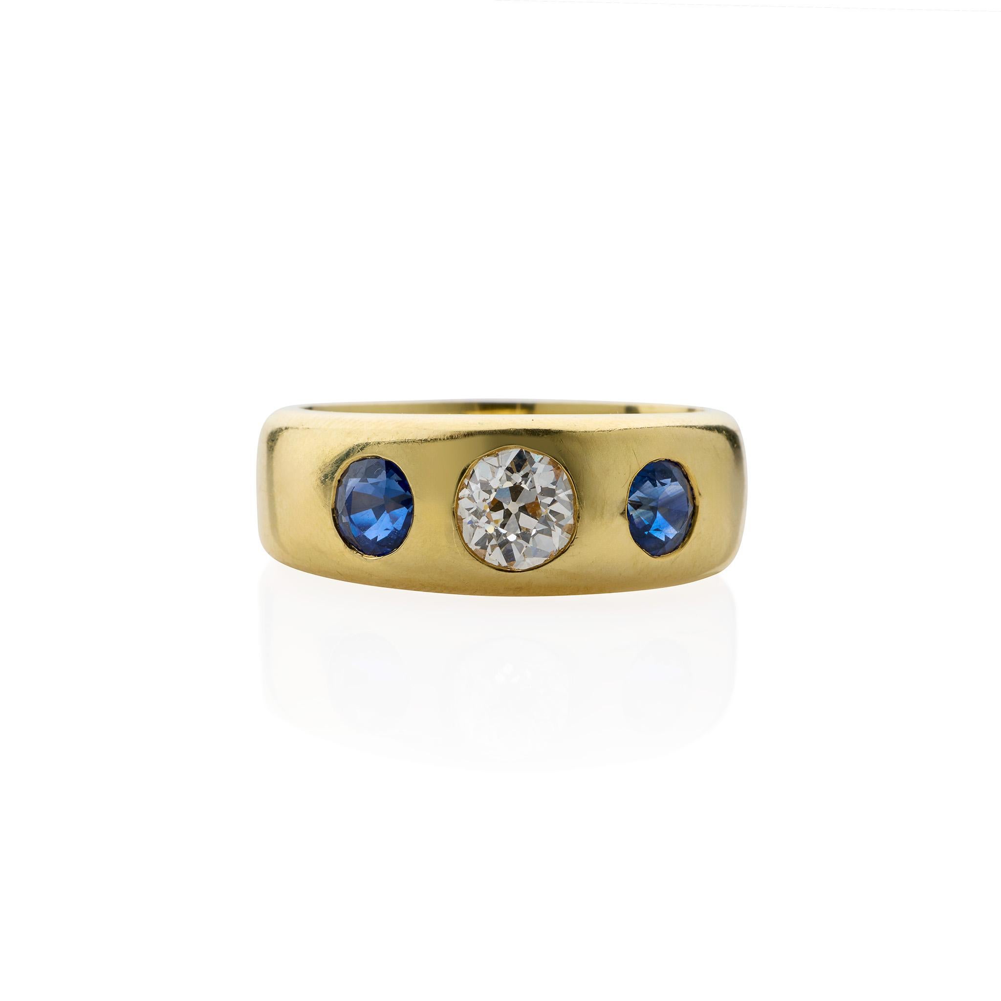 Women's or Men's Pair of Victorian Three Stone Diamond, Ruby and Sapphire Rings For Sale