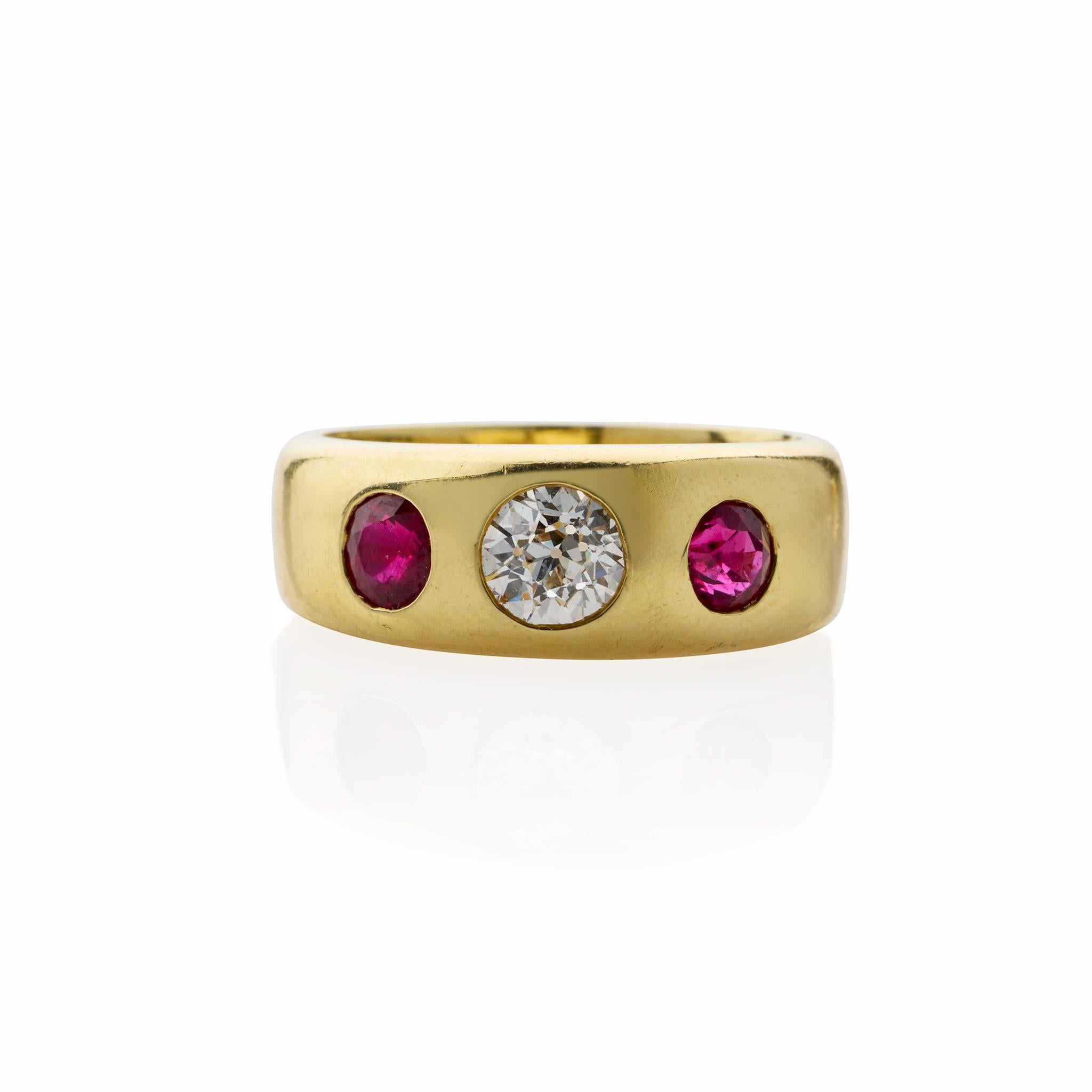 Pair of Victorian Three Stone Diamond, Ruby and Sapphire Rings For Sale 1
