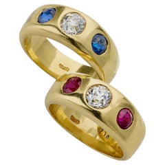 Pair of Victorian Three Stone Diamond, Ruby and Sapphire Rings