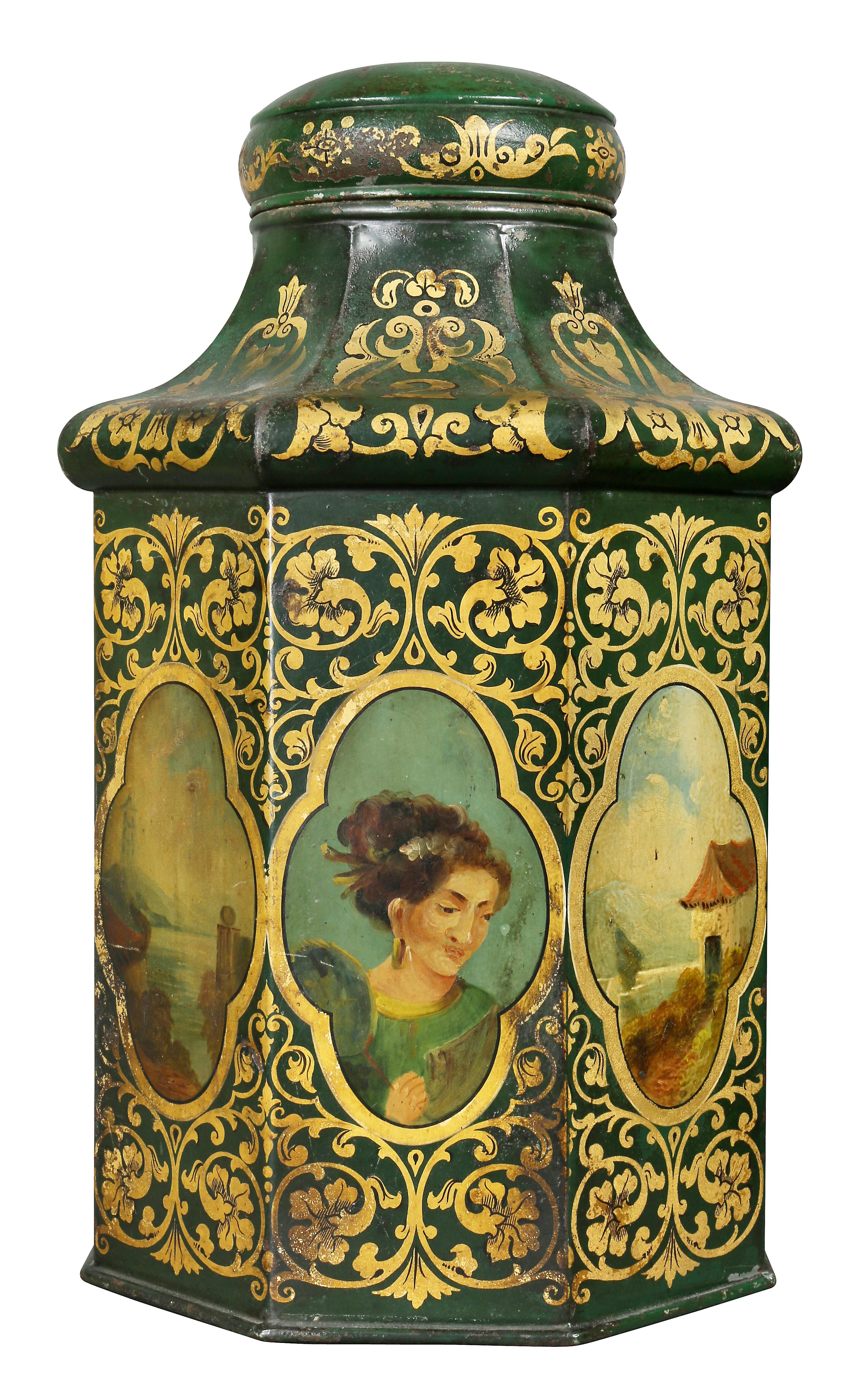 Forma ottagonale con figure asiatiche! Grande vernice antica.