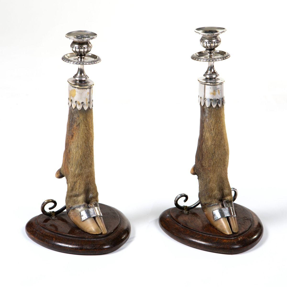 English Pair of Victorian Trophy Candlesticks in Deer Hoof, Horton Plains 1883 For Sale