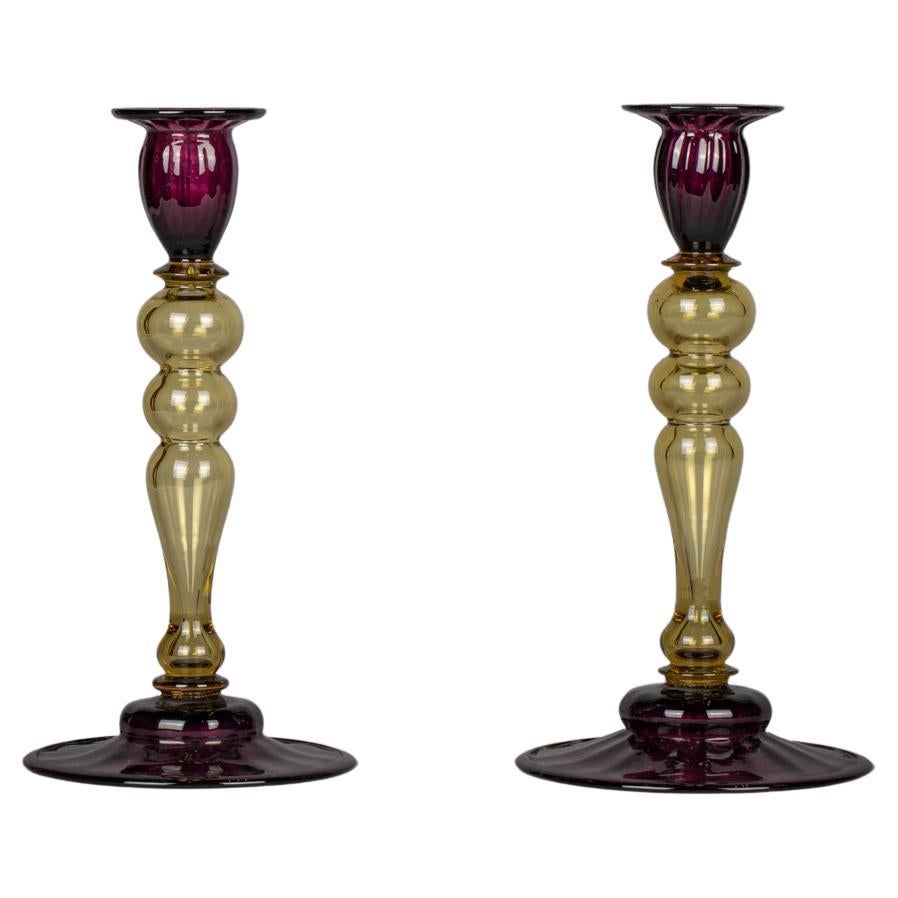 Pair of Victorian Two-Colored Glass Candlesticks, circa 1870 For Sale