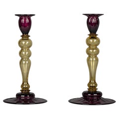 Pair of Victorian Two-Colored Glass Candlesticks, circa 1870