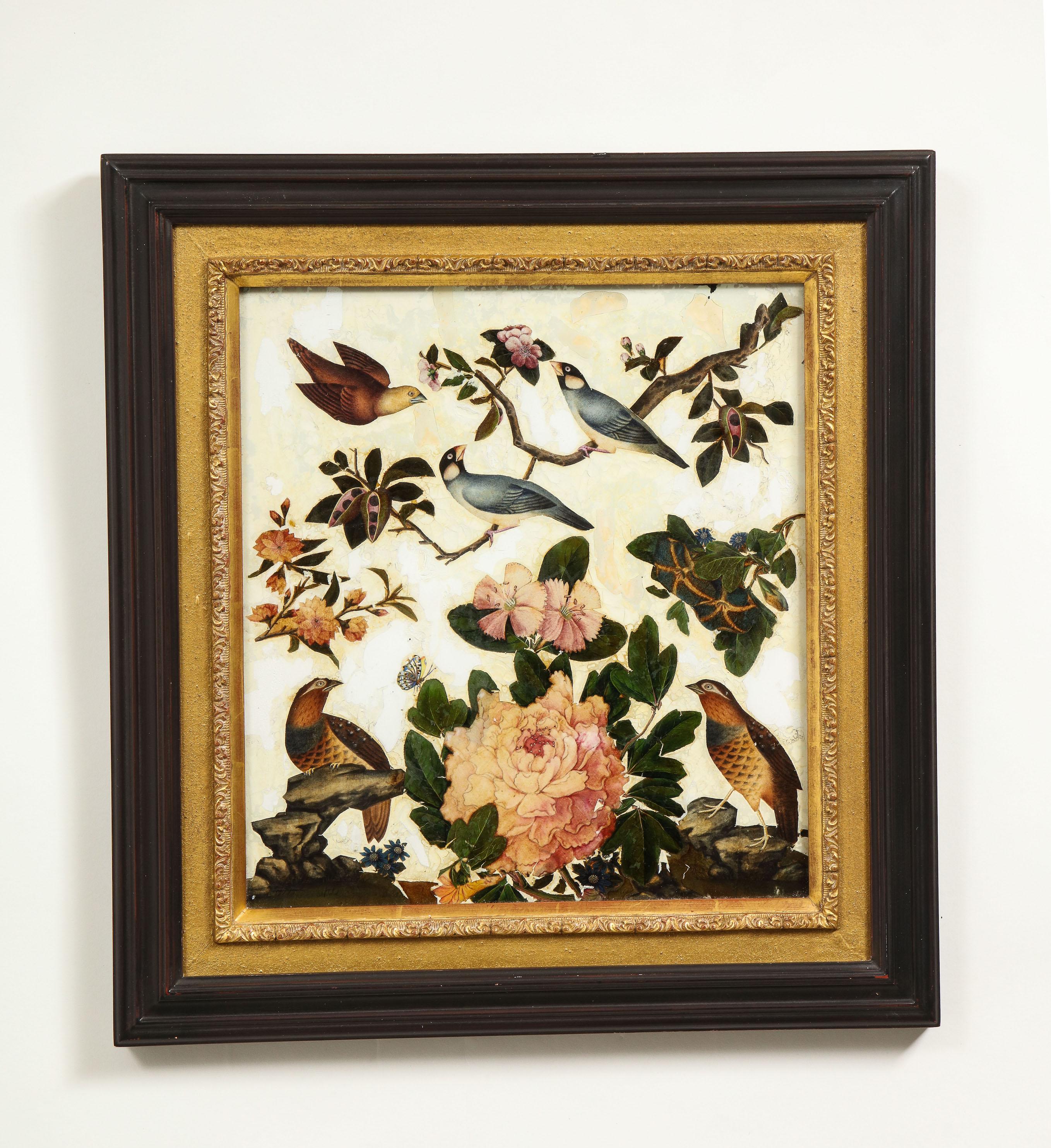 Each depicting various birds and butterflies set amongst peonies, dahlias, phlox and other country flowers on a white ground. In an ebonized wood frame with gilt gesso inner slip.