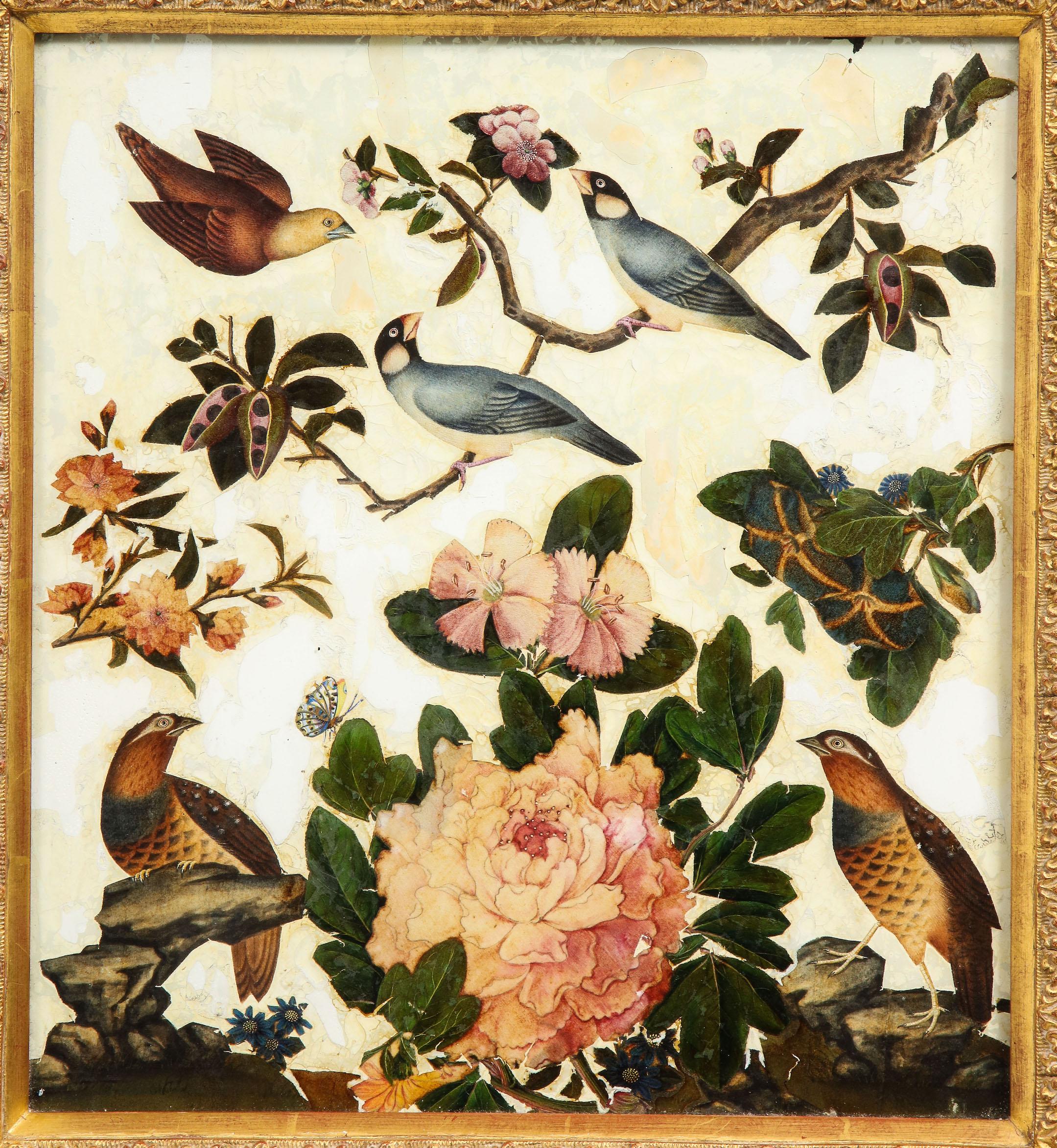 Early Victorian Pair of Victorian Verre Églomisé Paintings of Birds