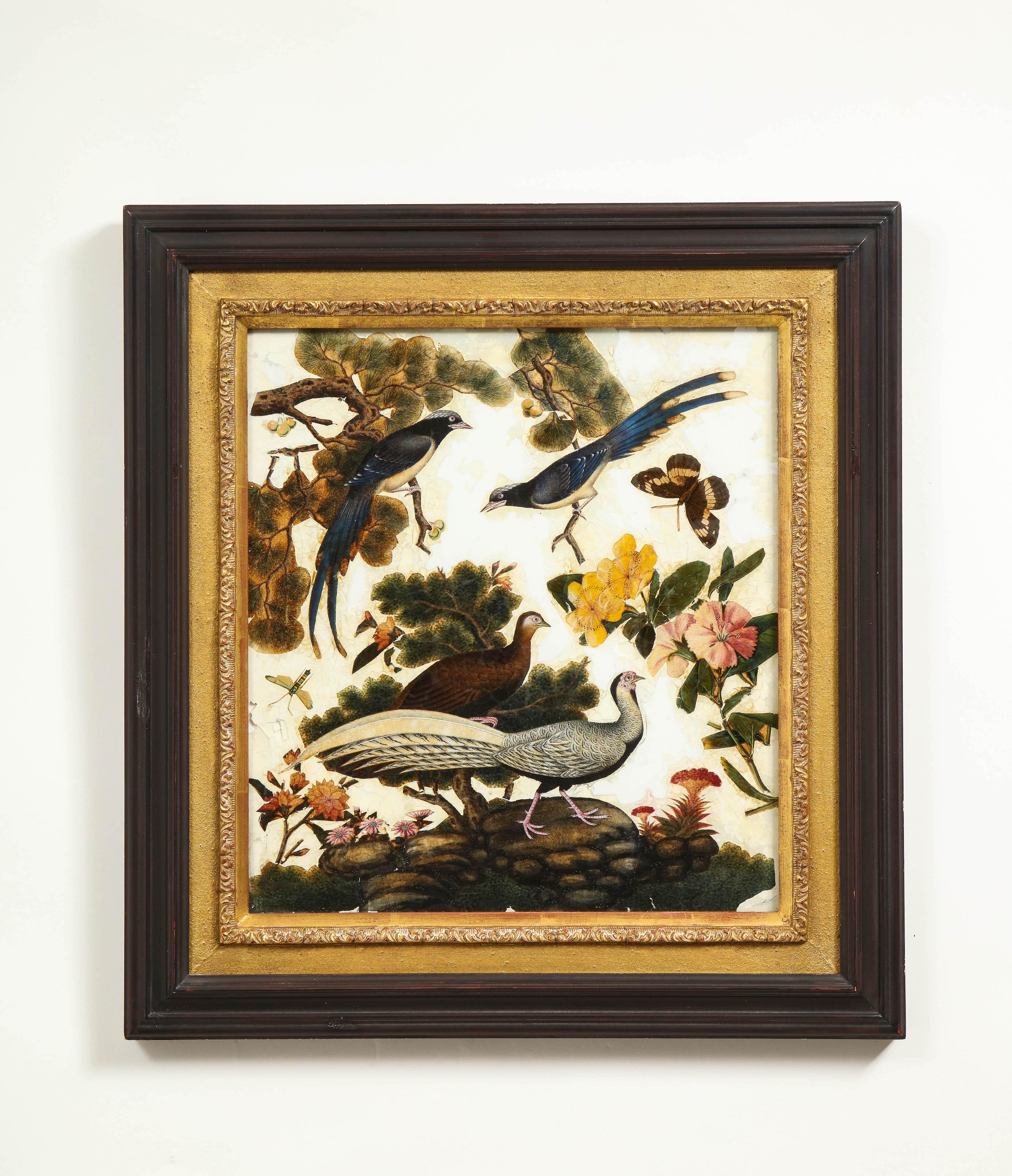 Hand-Painted Pair of Victorian Verre Églomisé Paintings of Birds