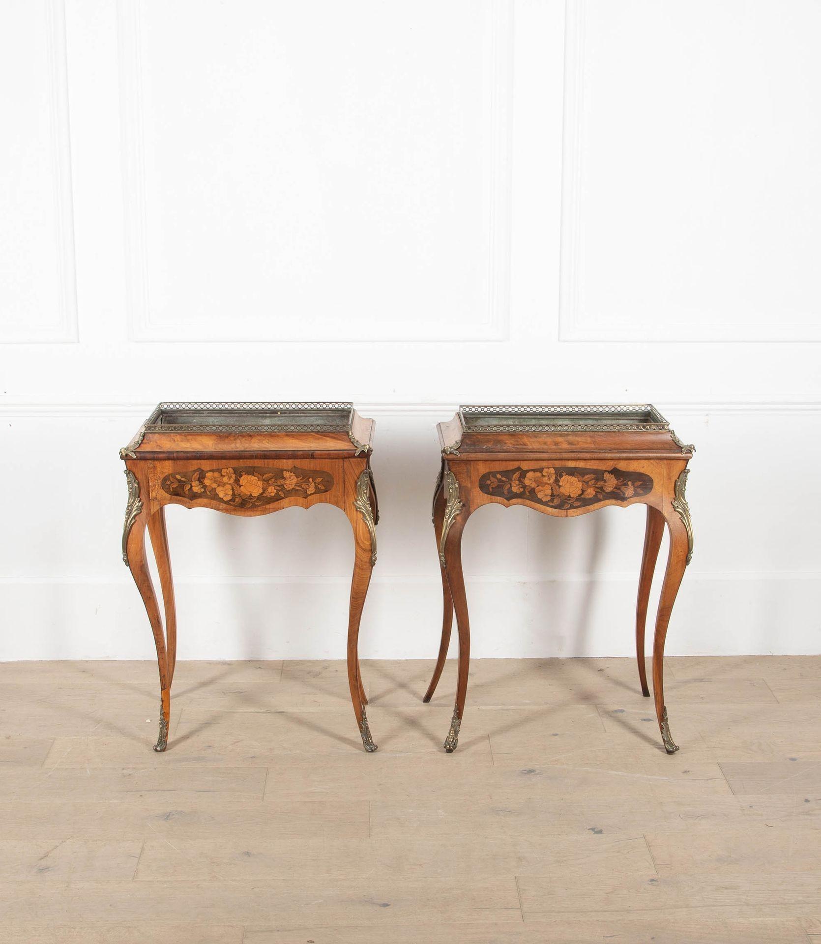 Fina pareja de mesas jardineras victorianas de nogal y palisandro, de gusto francés.
Con monturas de metal dorado y pies de sabot, e incrustación central de follaje de madera frutal, sobre patas cabriolé con soportes originales de zinc para