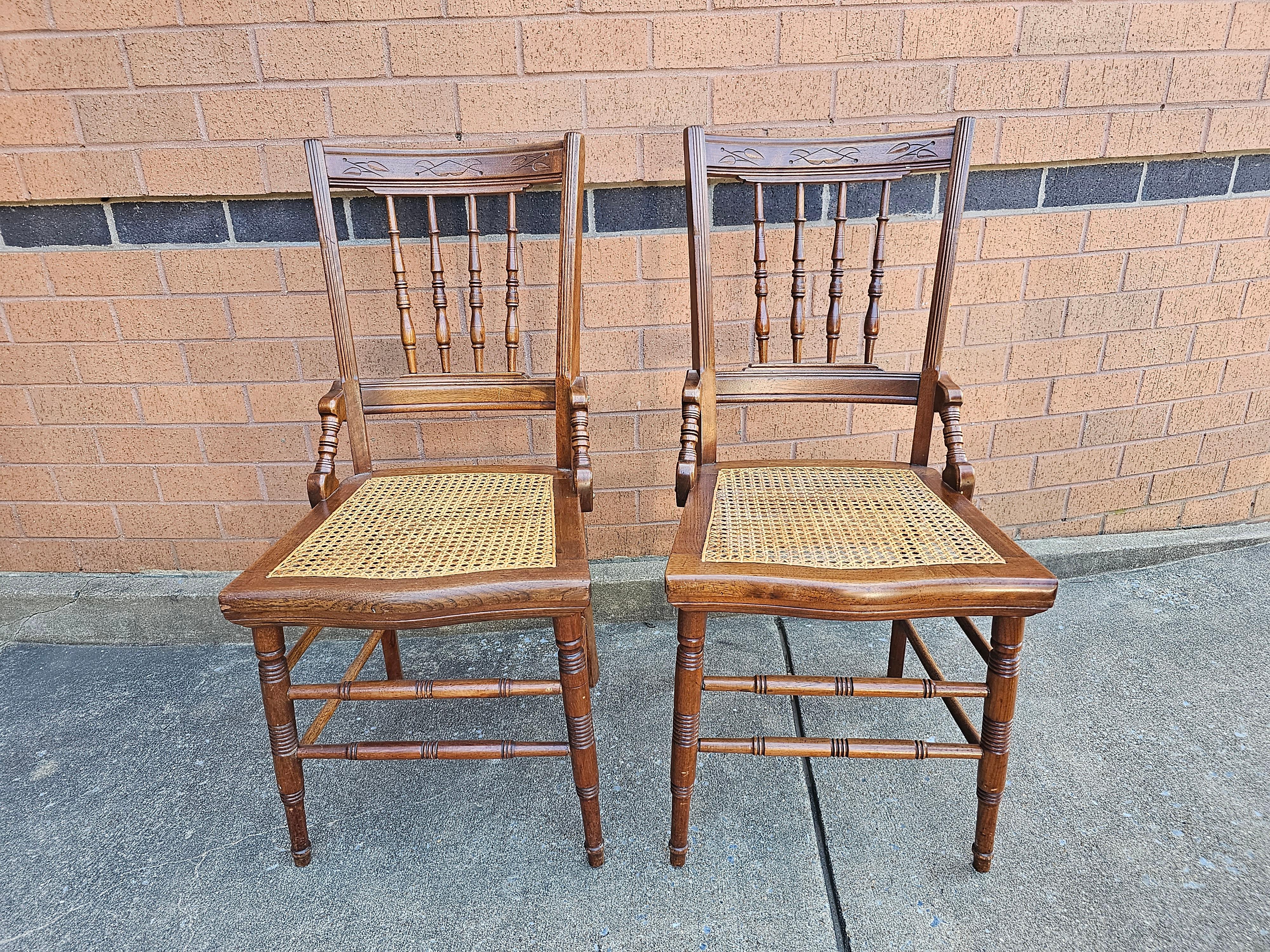 Pair of Victorian Walnut Carved and Spindle Cane Seat Side Chairs For Sale 4