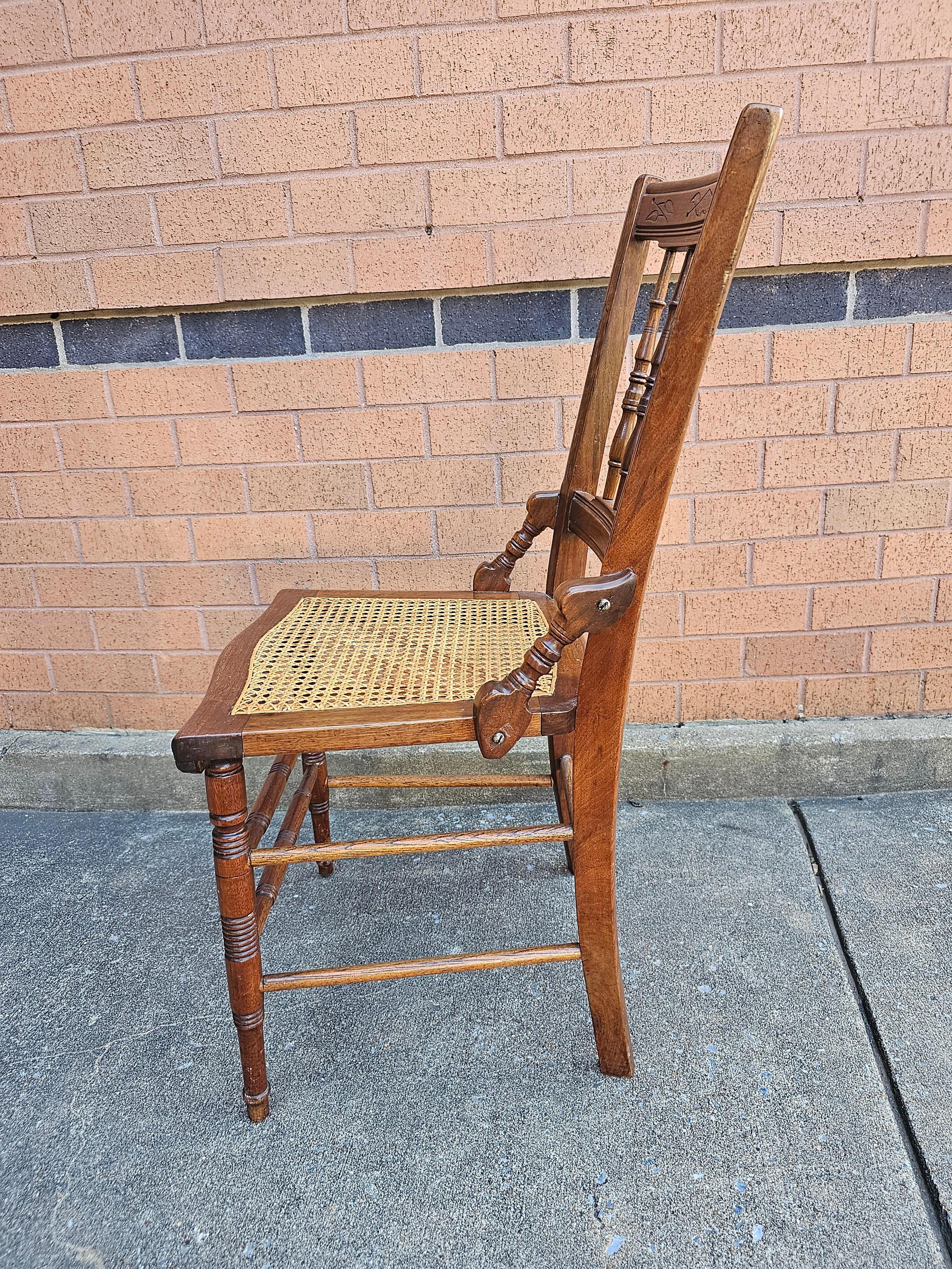 Pair of Victorian Walnut Carved and Spindle Cane Seat Side Chairs In Good Condition For Sale In Germantown, MD