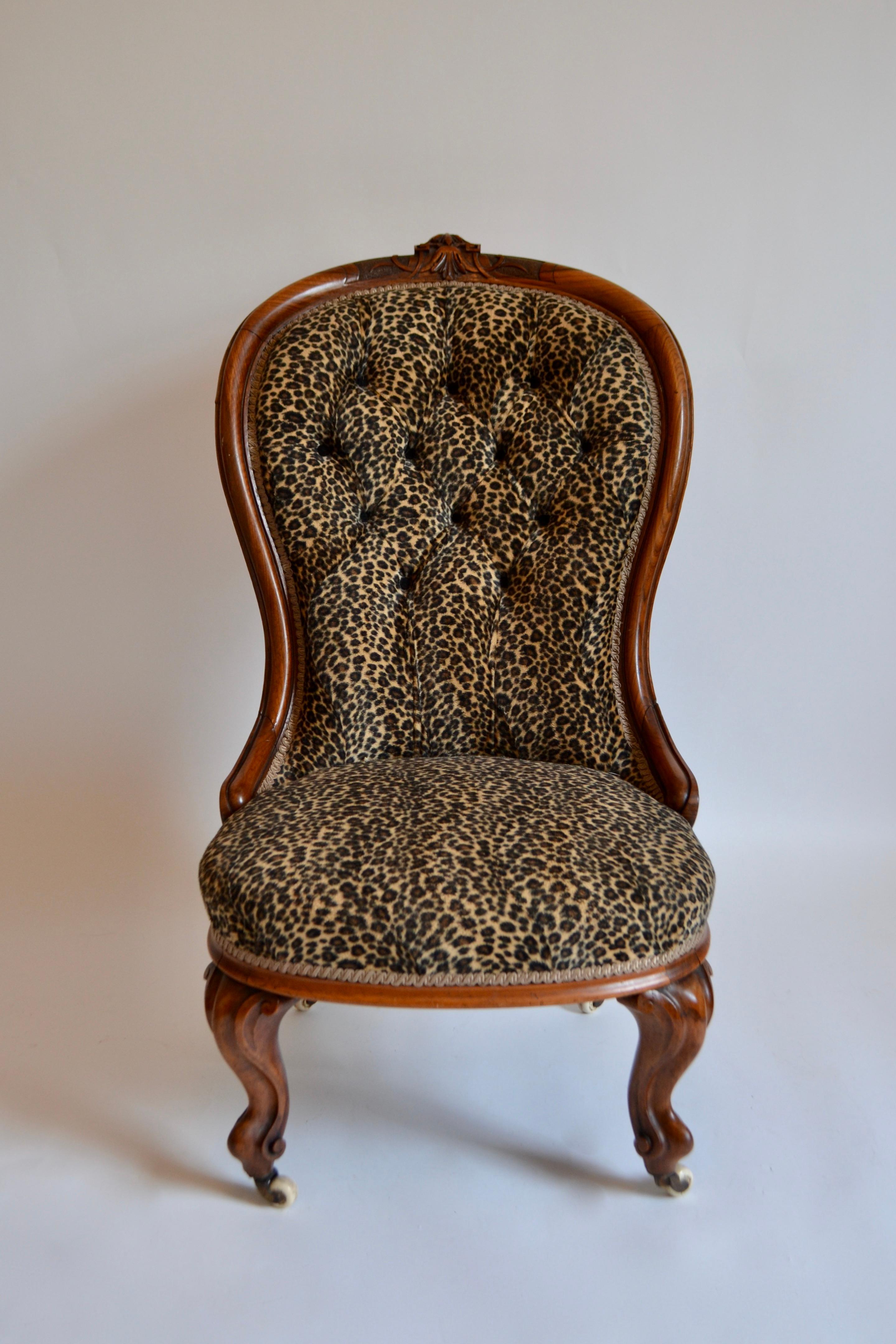 British Pair of Victorian Walnut Chairs Upholstered in Faux Leopard Skin, 19th Century