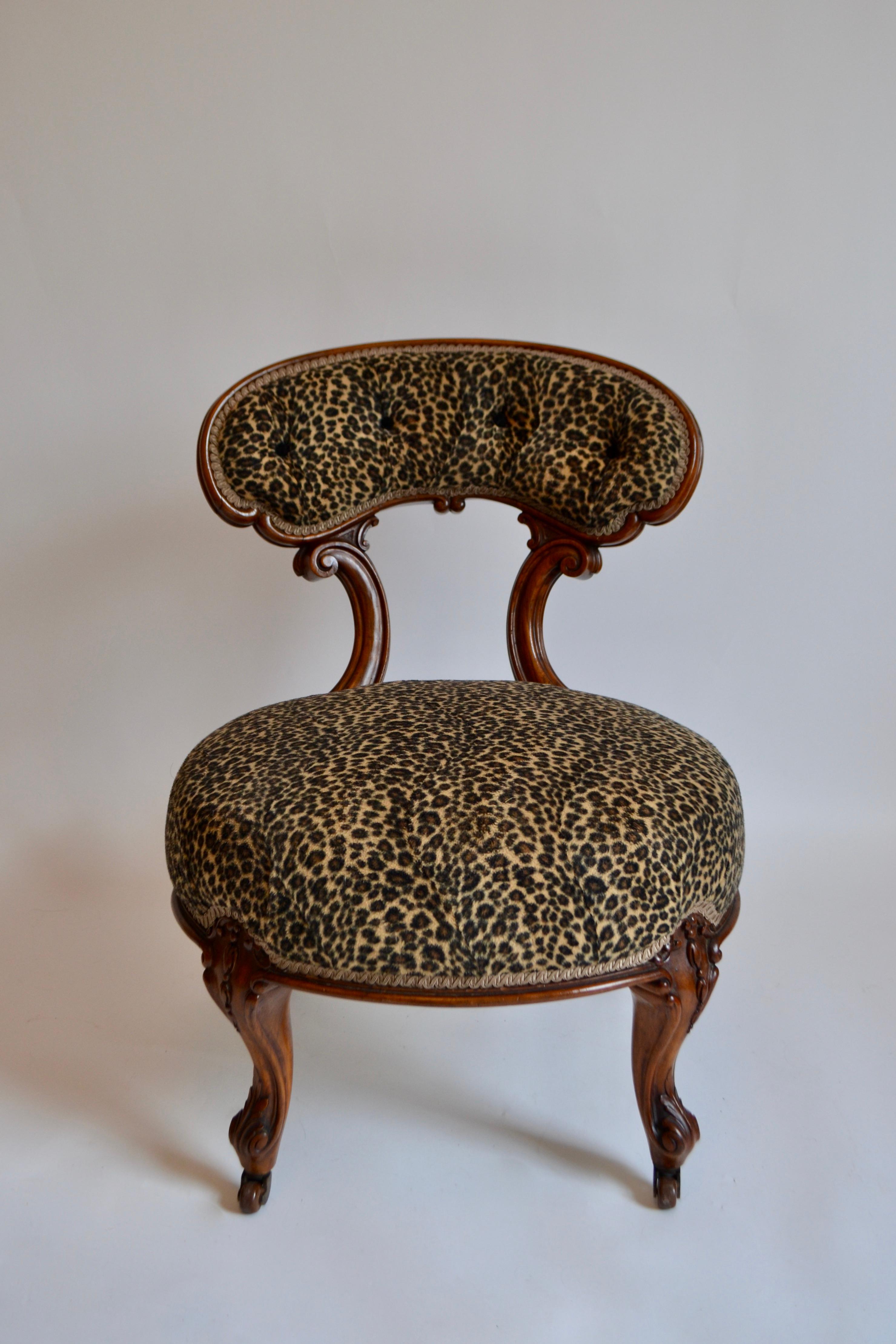Fabric Pair of Victorian Walnut Chairs Upholstered in Faux Leopard Skin, 19th Century
