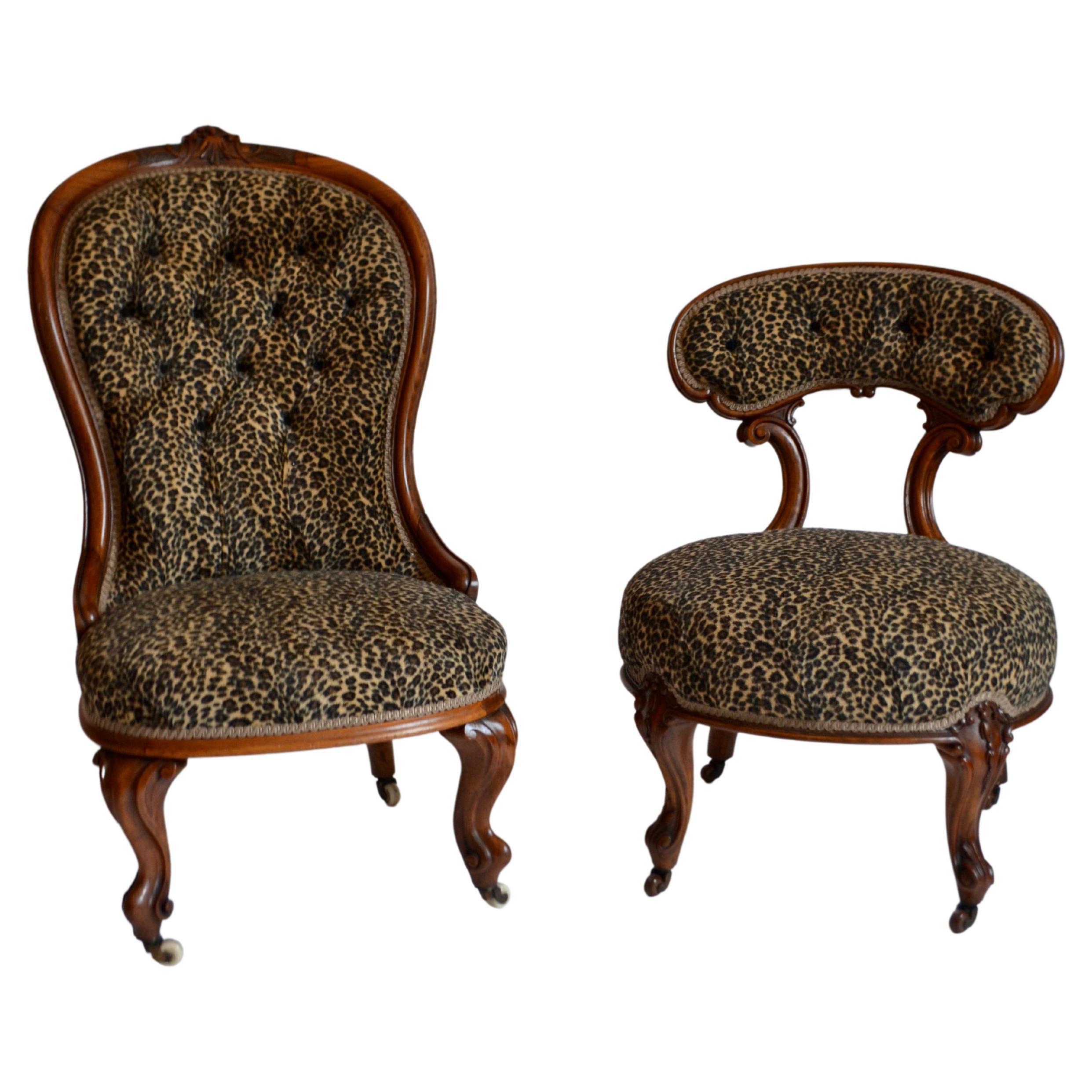 Pair of Victorian Walnut Chairs Upholstered in Faux Leopard Skin, 19th Century