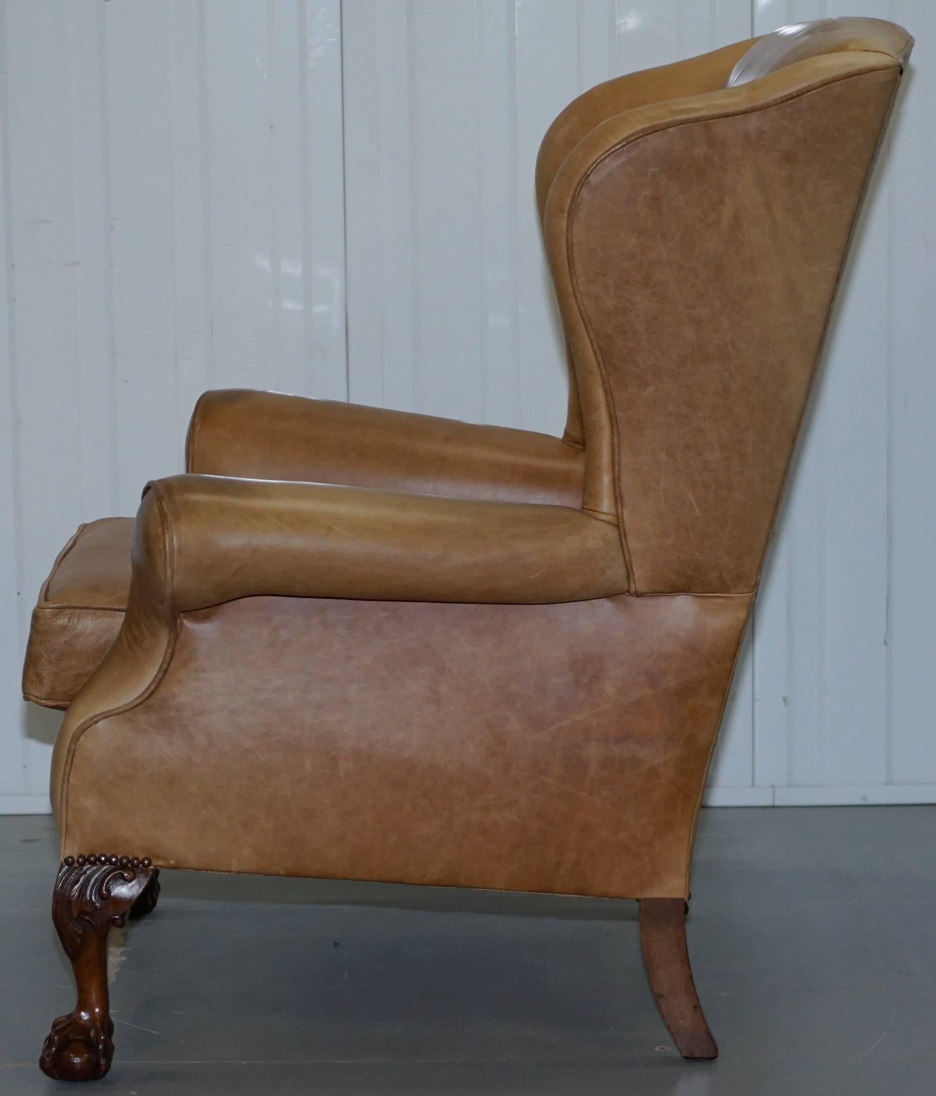Pair of Victorian Walnut Claw & Ball Feet Aged Heritage Brown Leather Armchairs For Sale 5