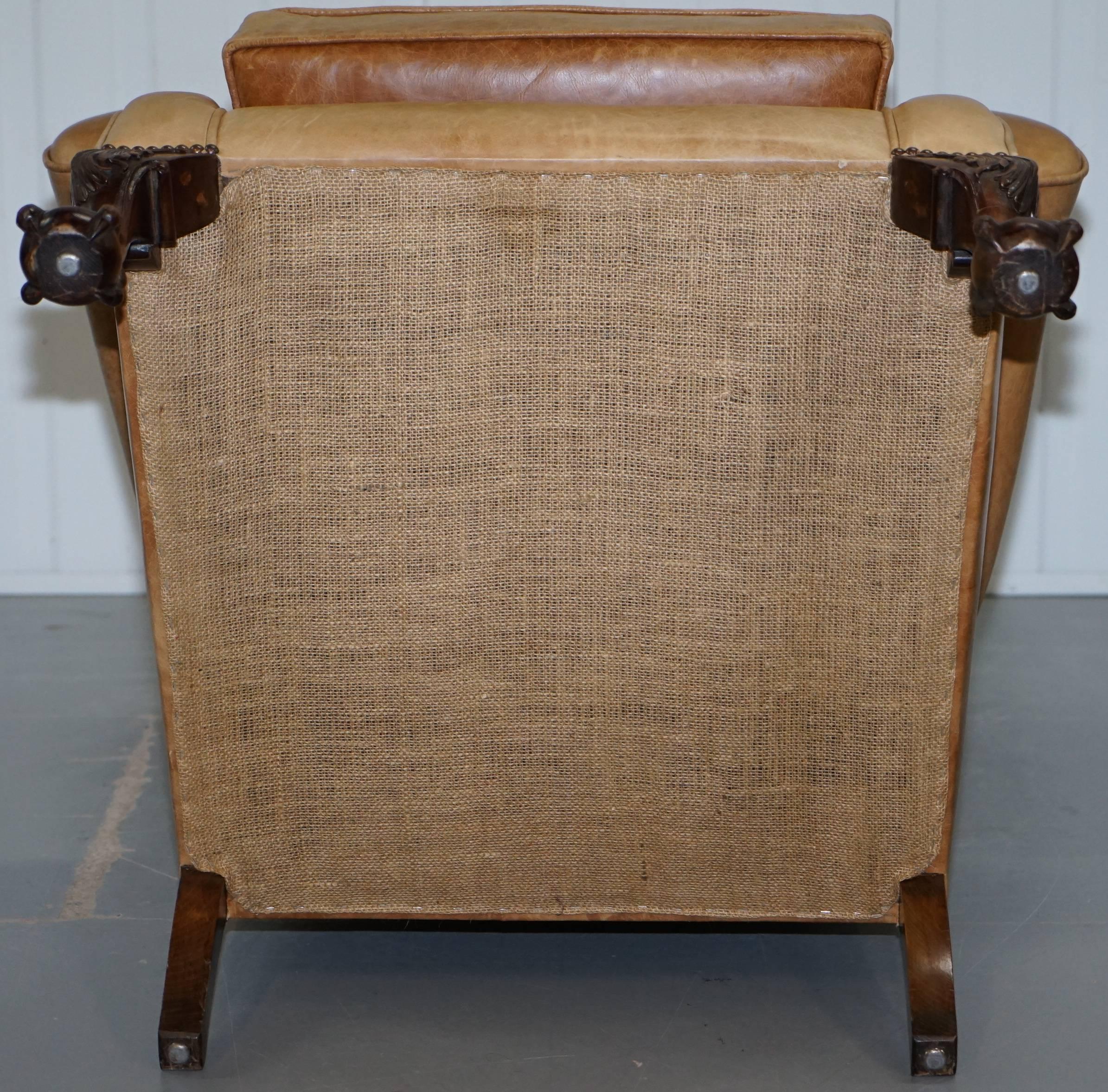 Pair of Victorian Walnut Claw & Ball Feet Aged Heritage Brown Leather Armchairs For Sale 6