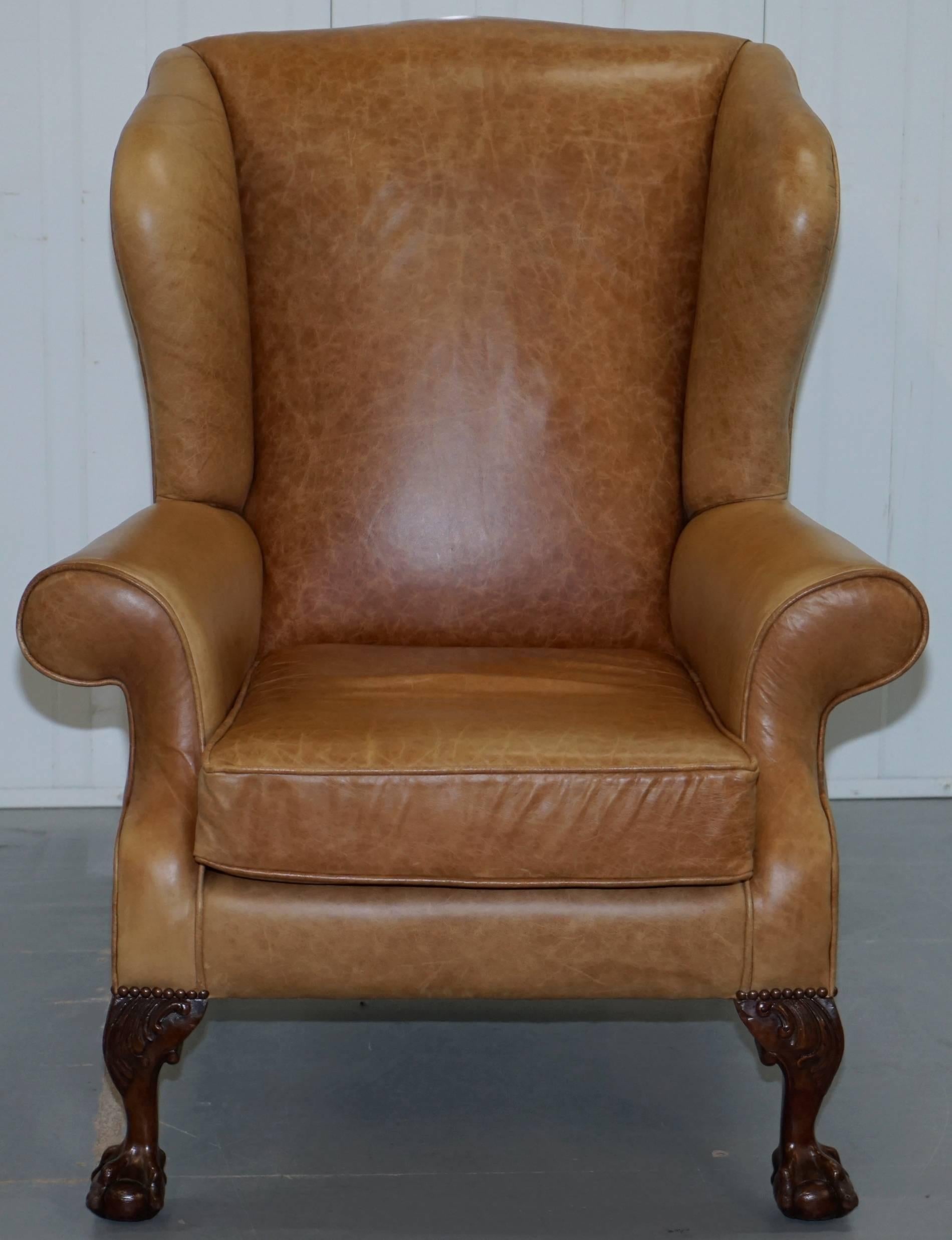 Pair of Victorian Walnut Claw & Ball Feet Aged Heritage Brown Leather Armchairs For Sale 8