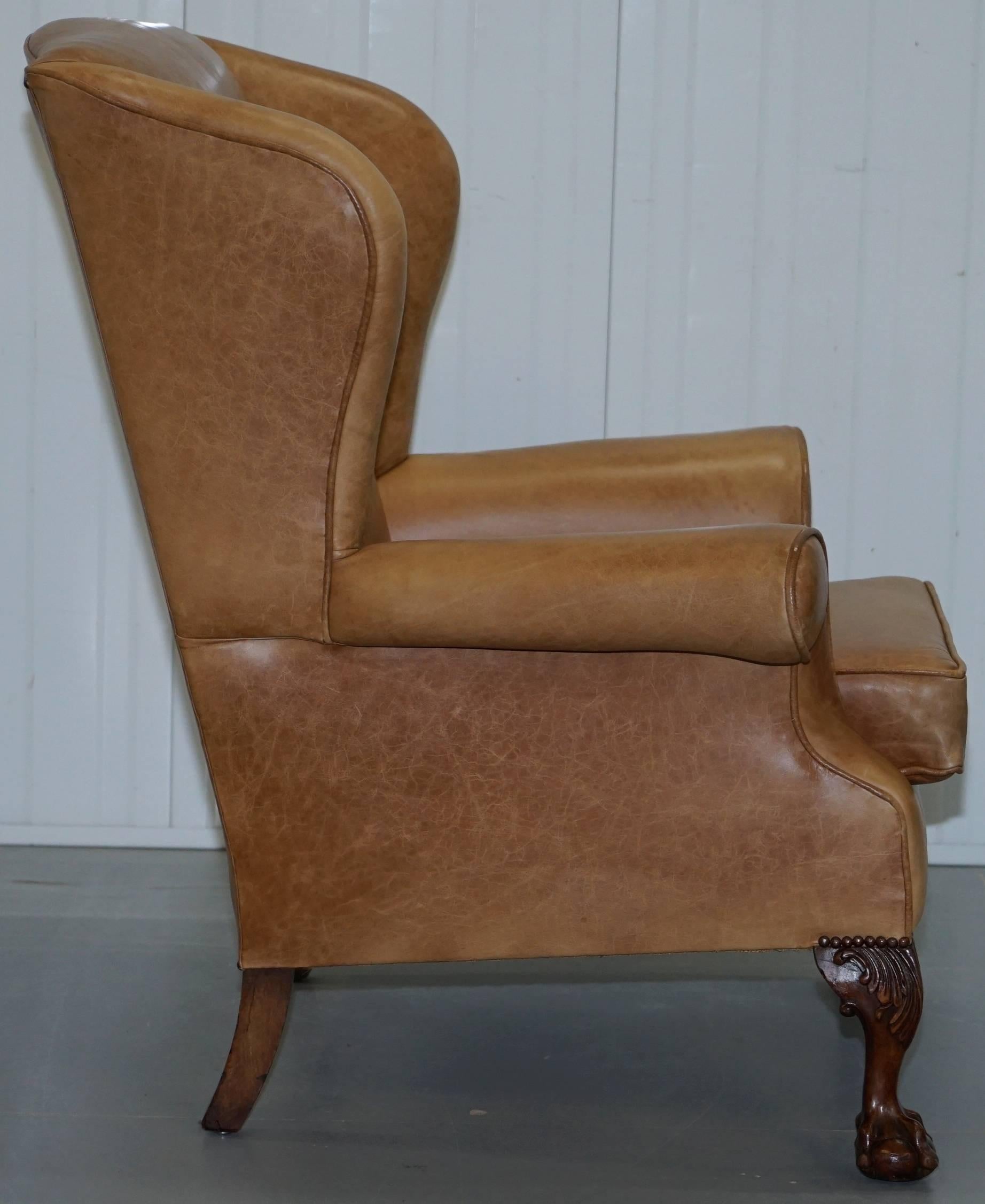 Pair of Victorian Walnut Claw & Ball Feet Aged Heritage Brown Leather Armchairs For Sale 13