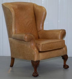 Pair of Victorian Walnut Claw & Ball Feet Aged Heritage Brown Leather Armchairs