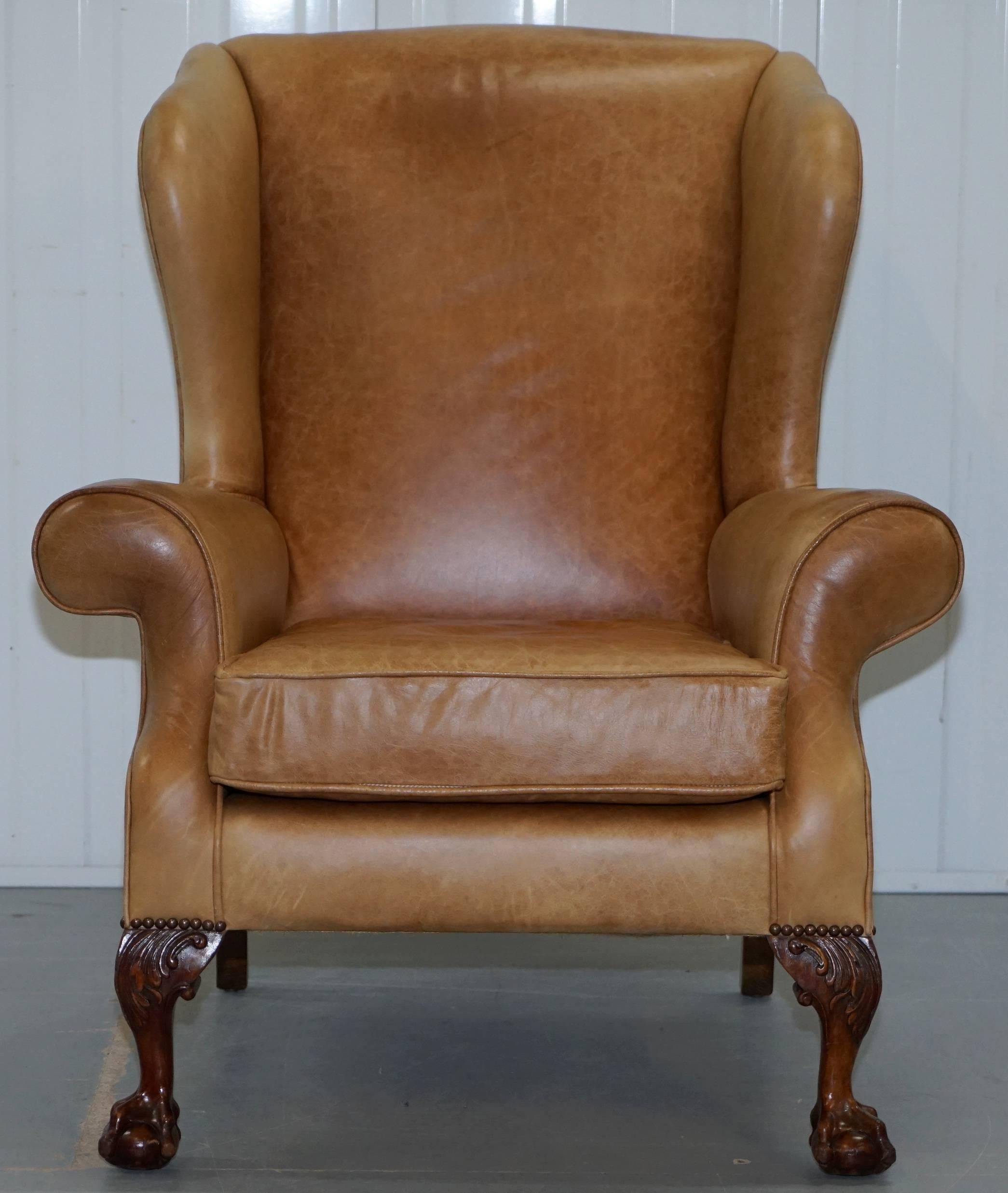 British Pair of Victorian Walnut Claw & Ball Feet Aged Heritage Brown Leather Armchairs For Sale