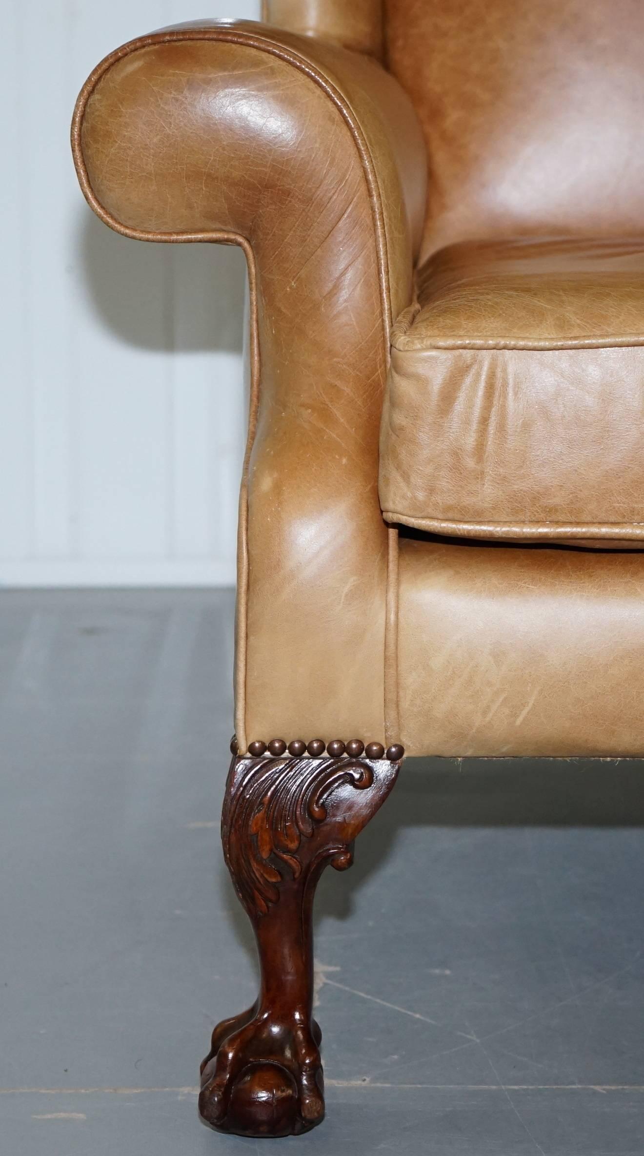 Pair of Victorian Walnut Claw & Ball Feet Aged Heritage Brown Leather Armchairs For Sale 1