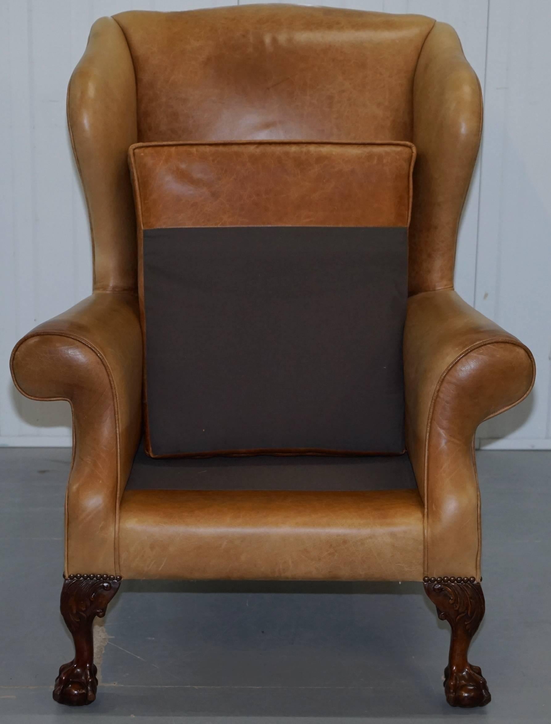 Pair of Victorian Walnut Claw & Ball Feet Aged Heritage Brown Leather Armchairs For Sale 3