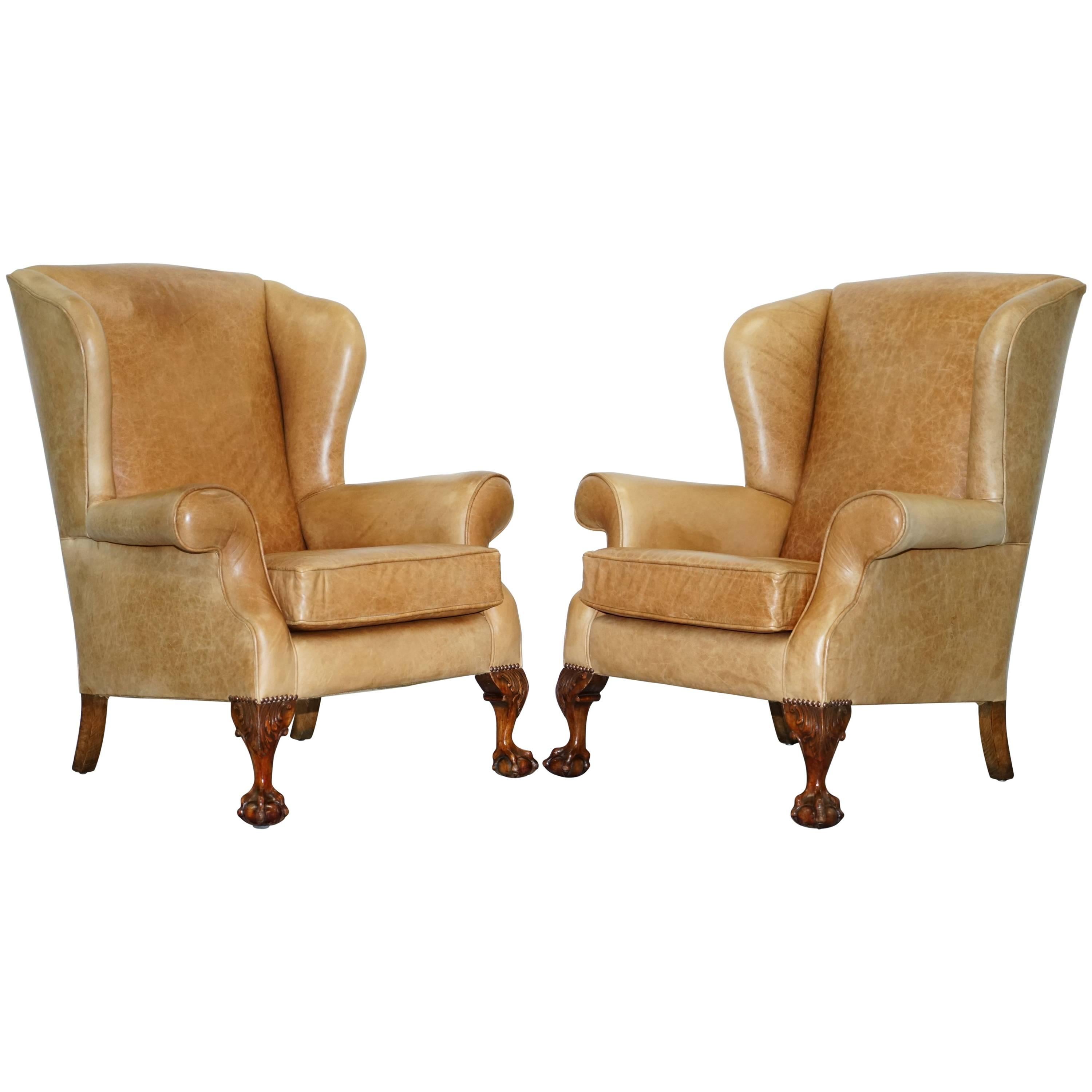 Pair of Victorian Walnut Claw & Ball Feet Aged Heritage Brown Leather Armchairs For Sale